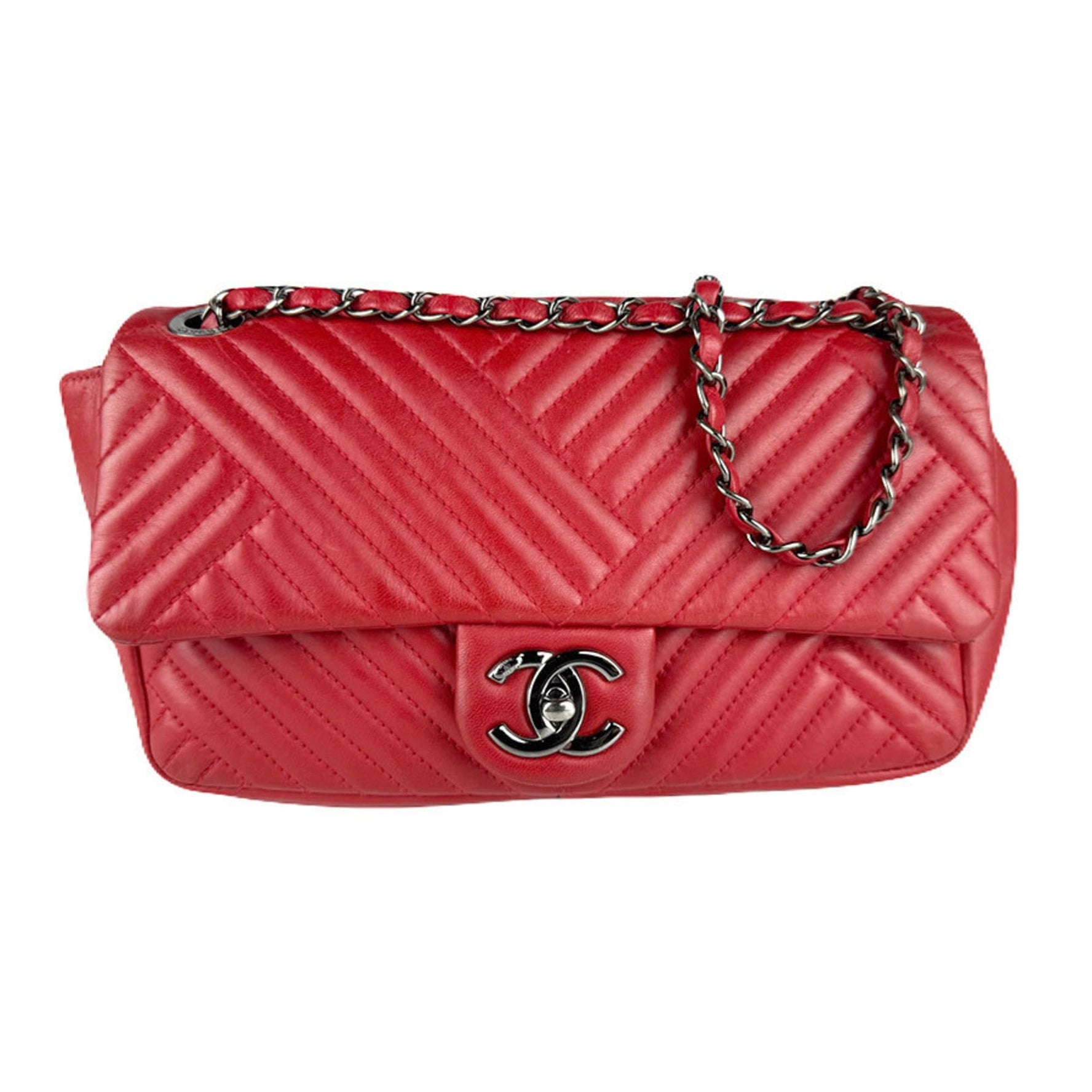 CHANEL Shoulder Bag Leather Metal Red