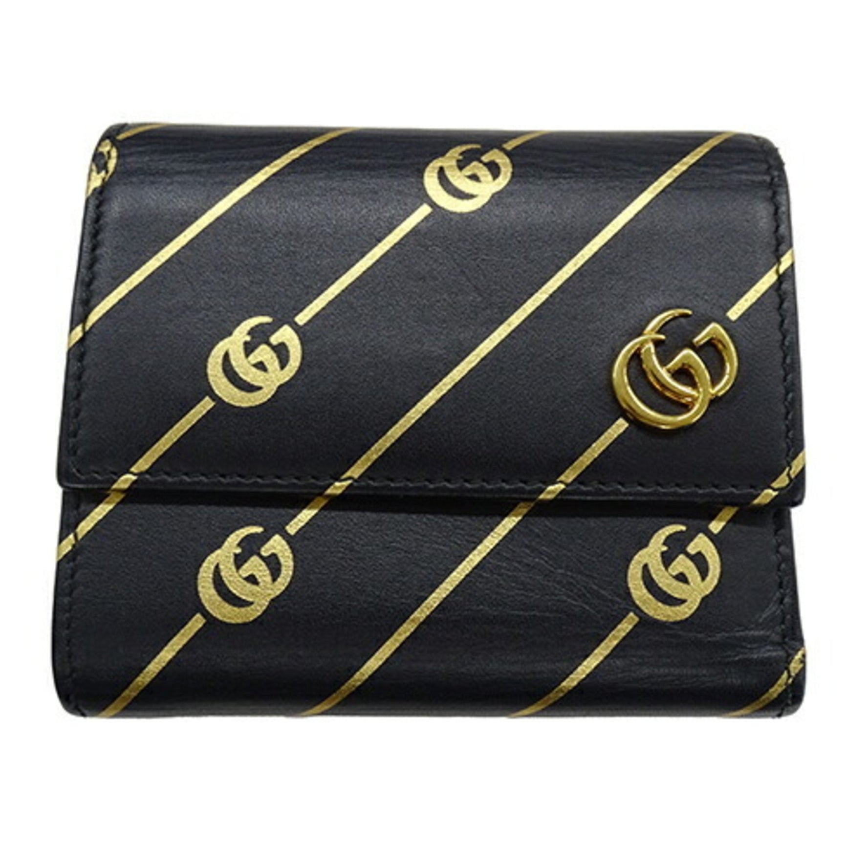 GUCCI Wallet for Women and Men, Tri-fold Wallet, GG Marmont Leather, Black Gold,