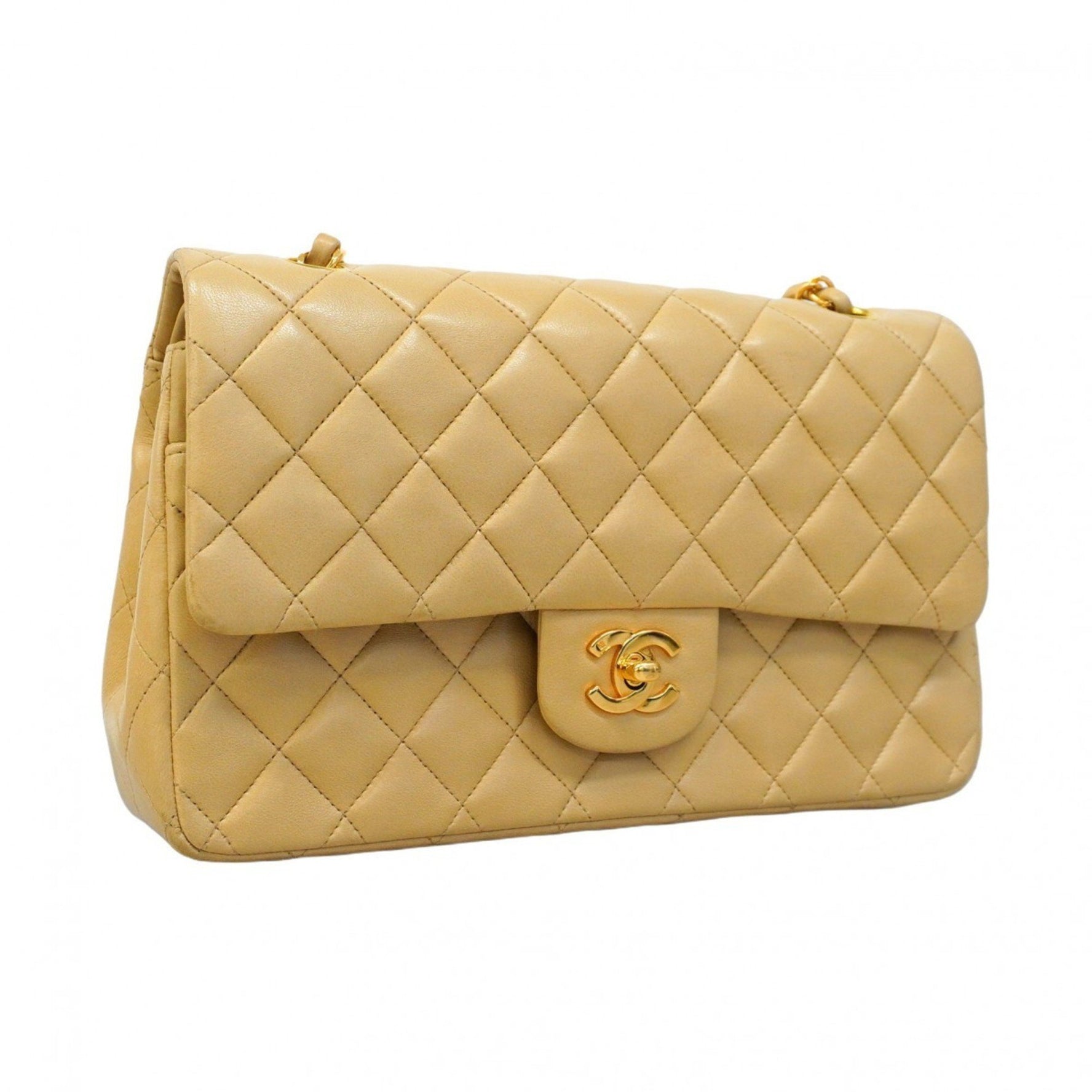 Chanel Matelasse Shoulder Bag with Double Flap and Chain, Lambskin, Beige, Women's