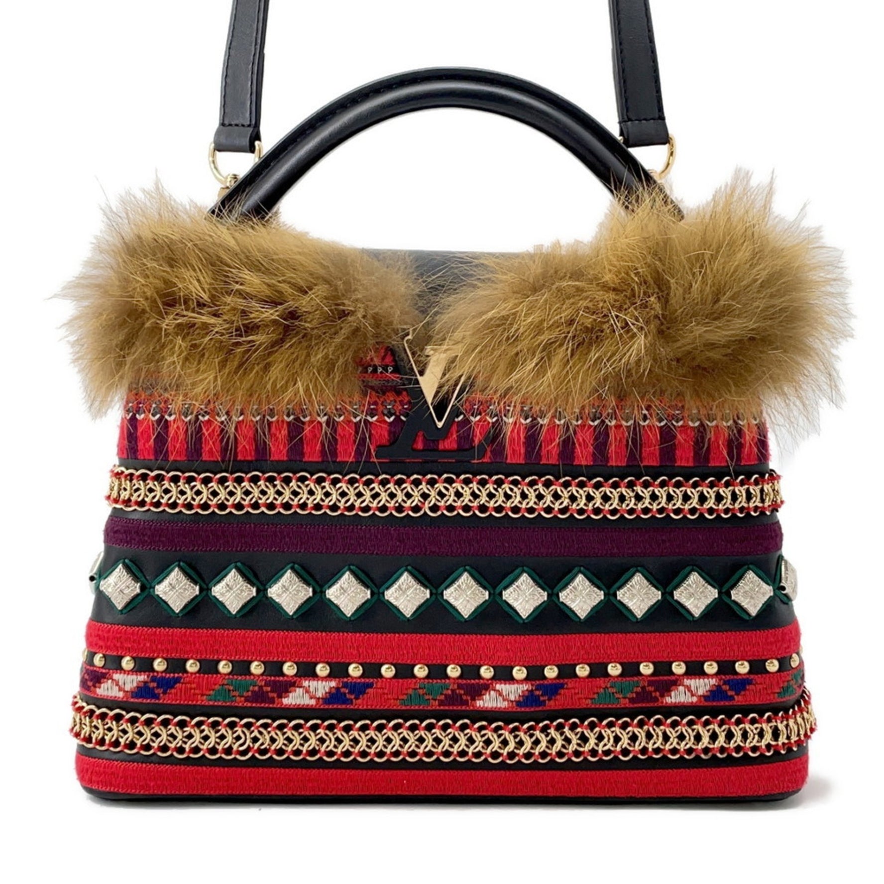 Louis Vuitton handbag leather fur Capucines shoulder bag studs embroidery