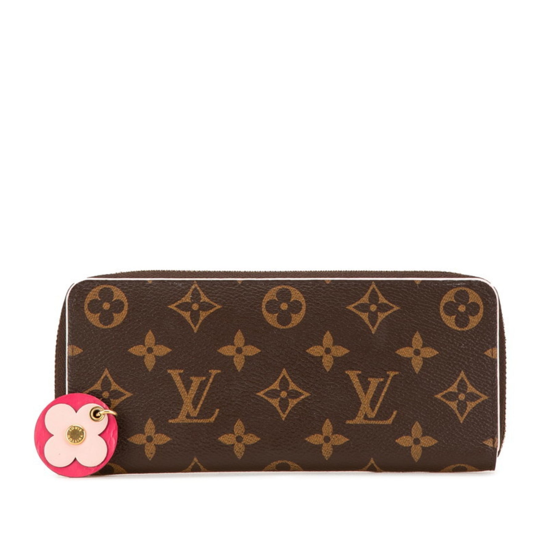 Louis Vuitton Monogram Portefeuille Clemence Flower Charm Round Zipper Long Wallet Brown Pink PVC Leather