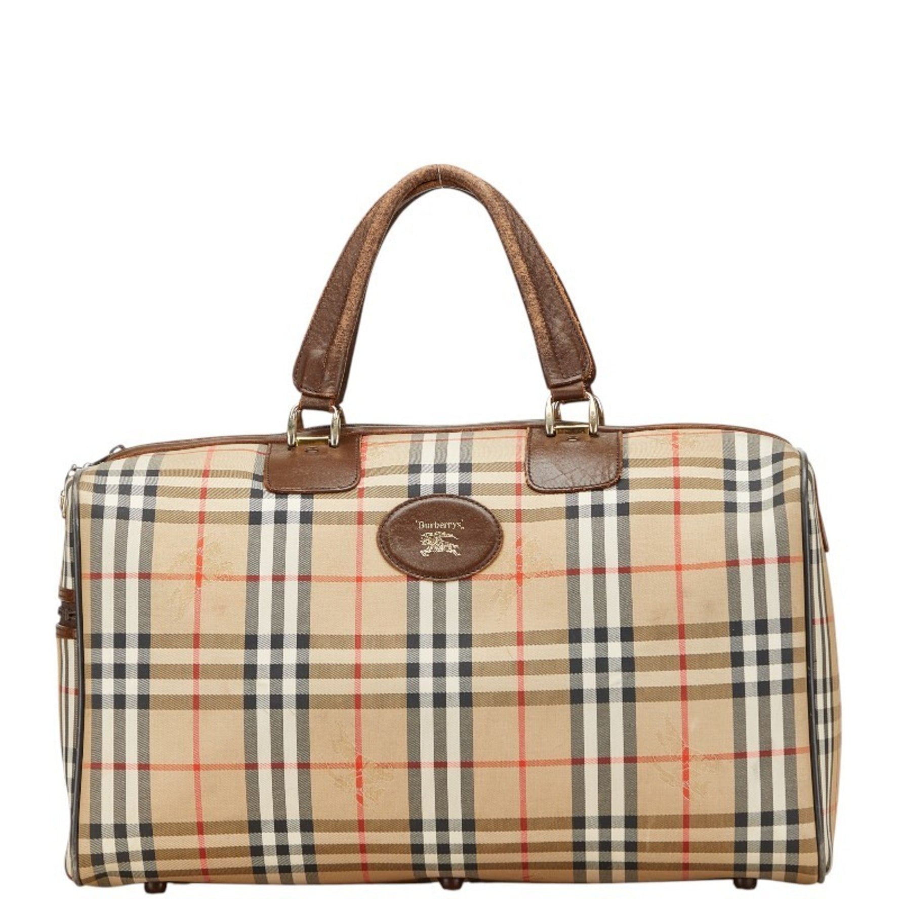 Burberry Nova Check Shadow Horse Boston Bag in Beige and Multicolor Canvas