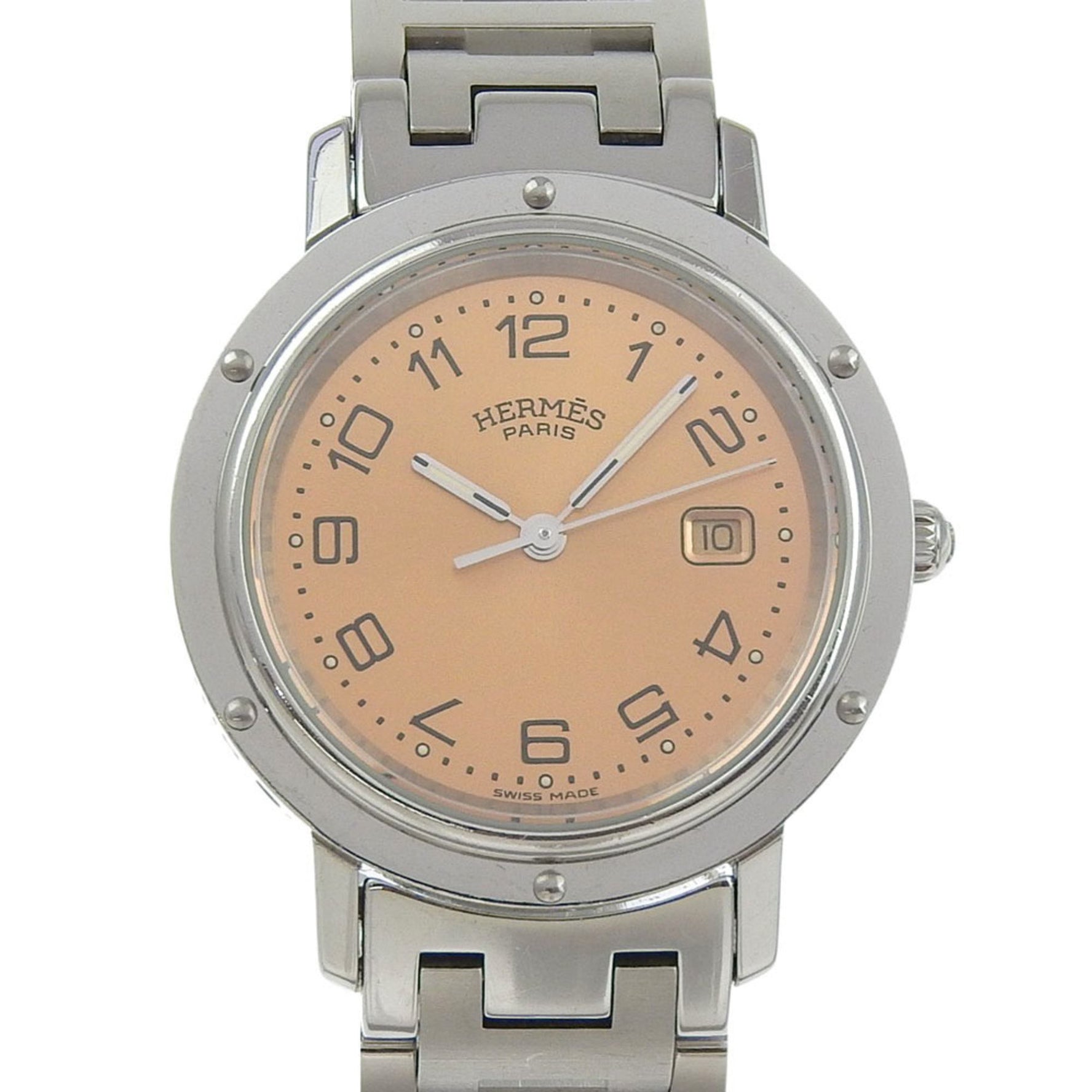 Hermès Clipper Watch Stainless Steel Quartz Analog Display, Pink Dial