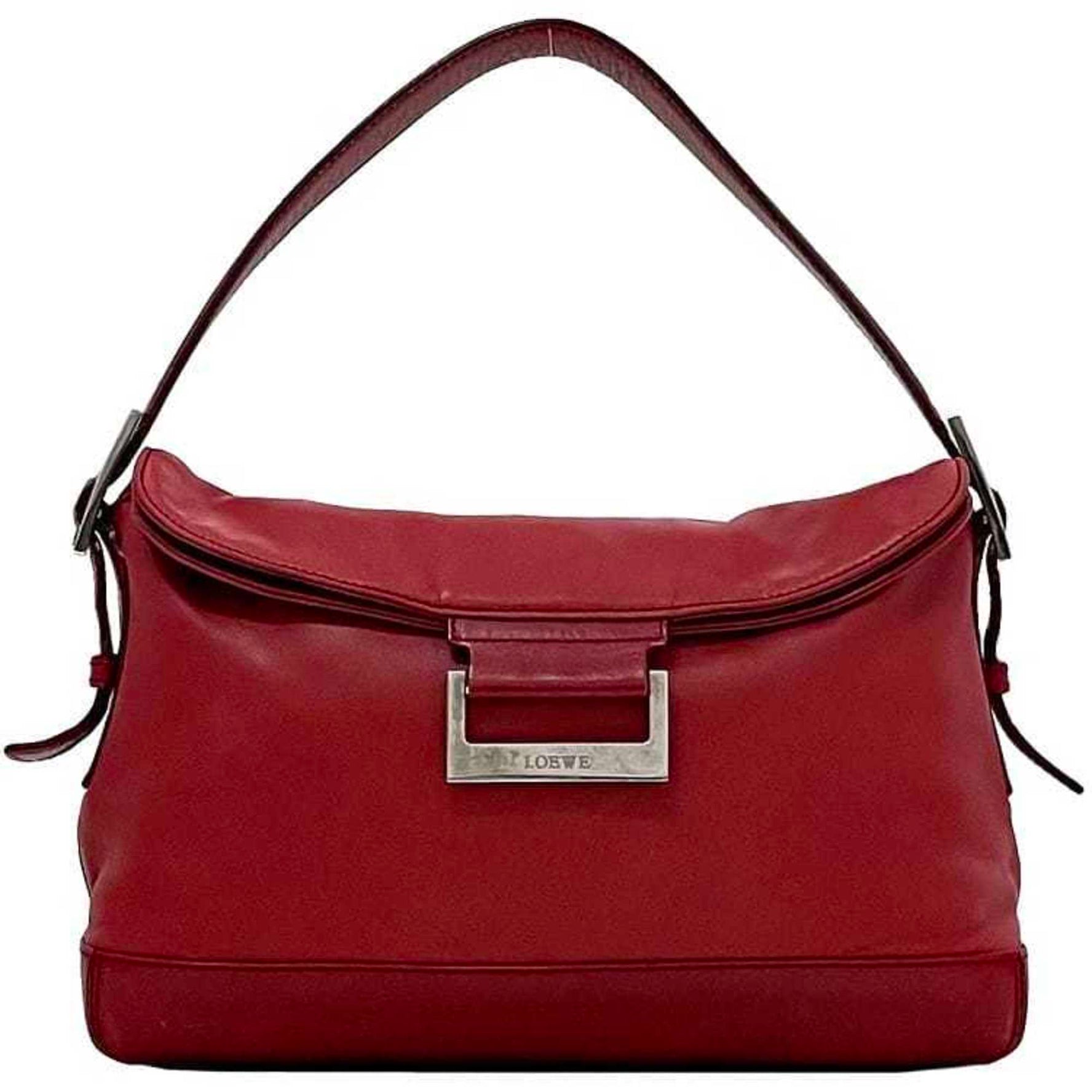 LOEWE Bag ec-22985 Red Leather Nappa Handbag Soft Belt Flap Women's