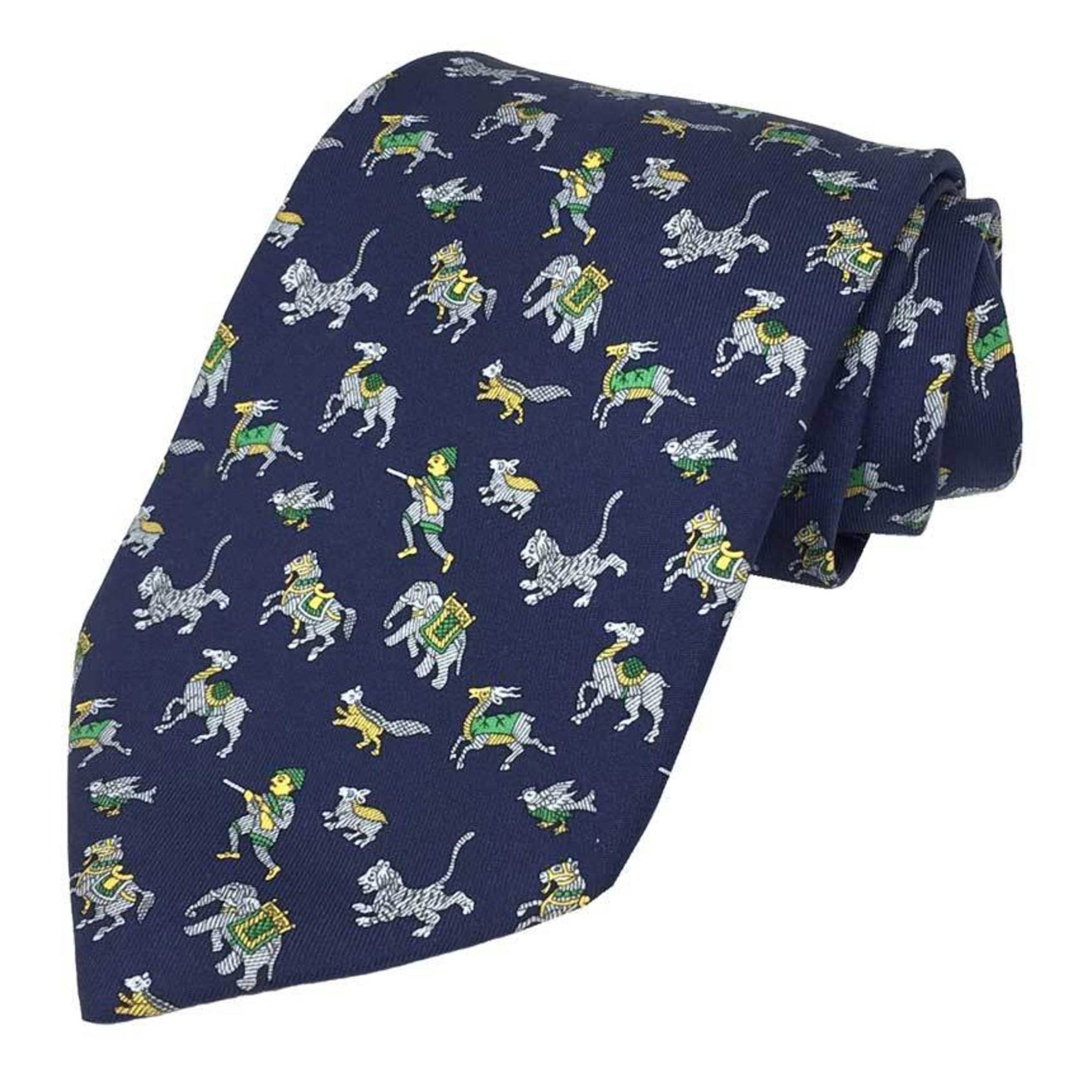 Hermes HERMES Tie Hunting Tiger Elephant 100% Silk Navy Men's