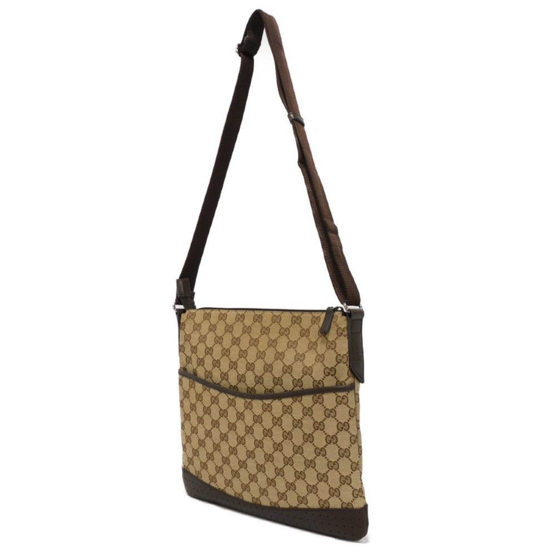 Gucci shoulder bag, perforated leather, embossed calfskin, brown, GG canvas, .