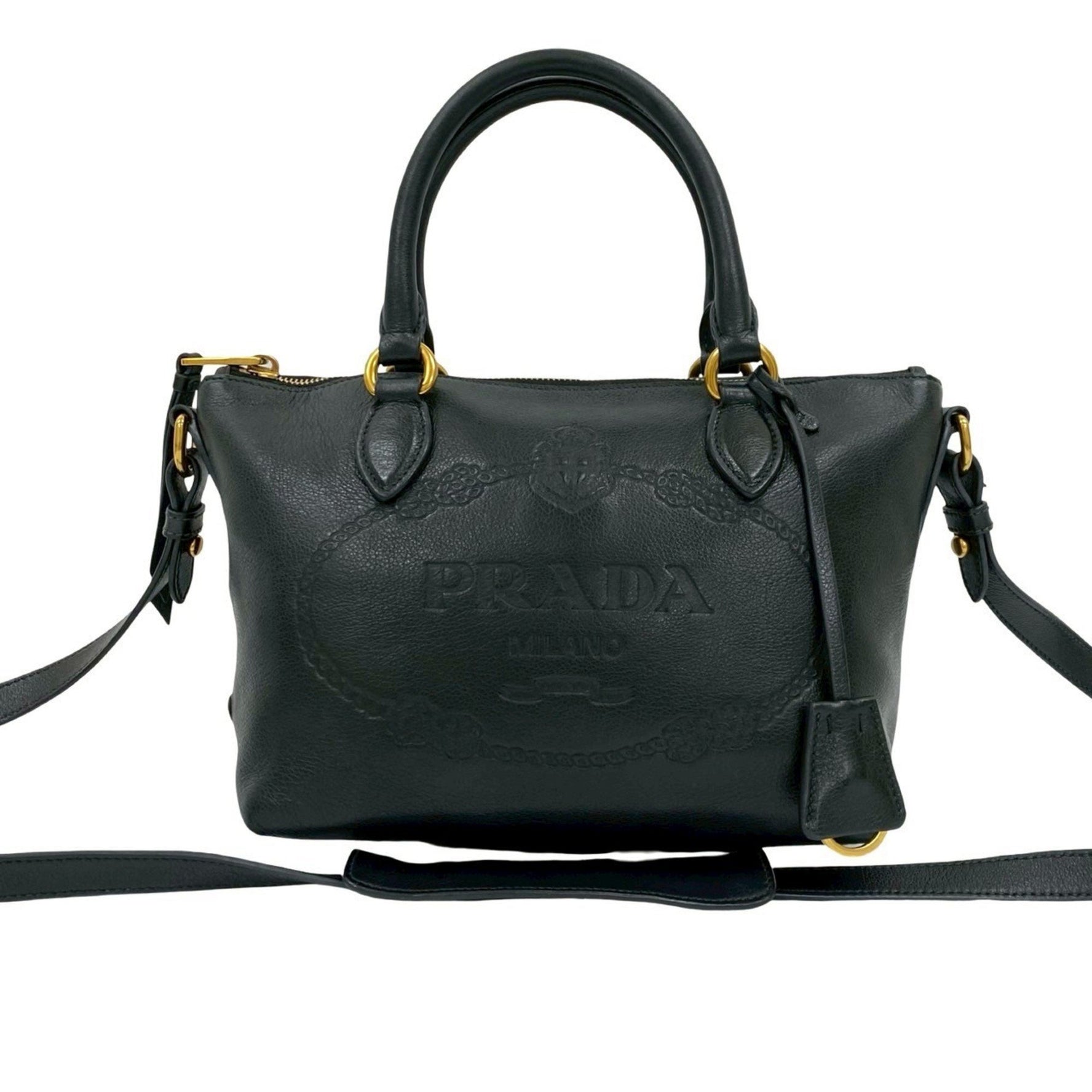 PRADA Embossed Triangle Logo Hardware Leather Handbag Mini Tote Bag Shoulder