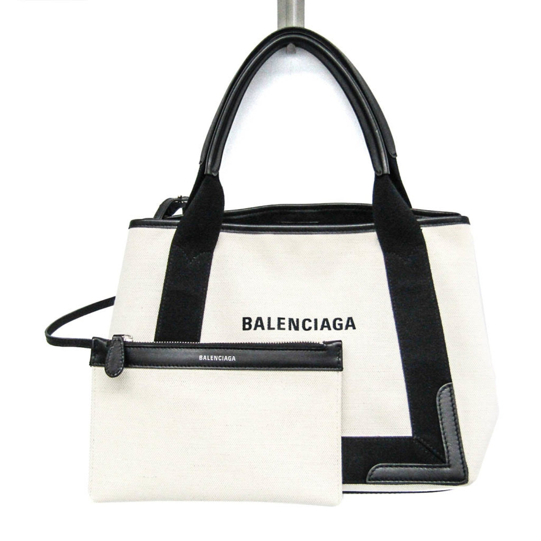 Balenciaga Navy Cabas S Women's Canvas,Leather Handbag Black,Off-white