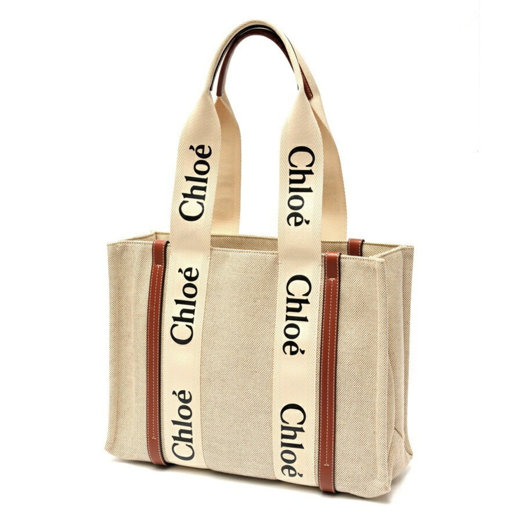 Chloé Chloe Woody Medium Tote Bag Canvas Leather White Brown