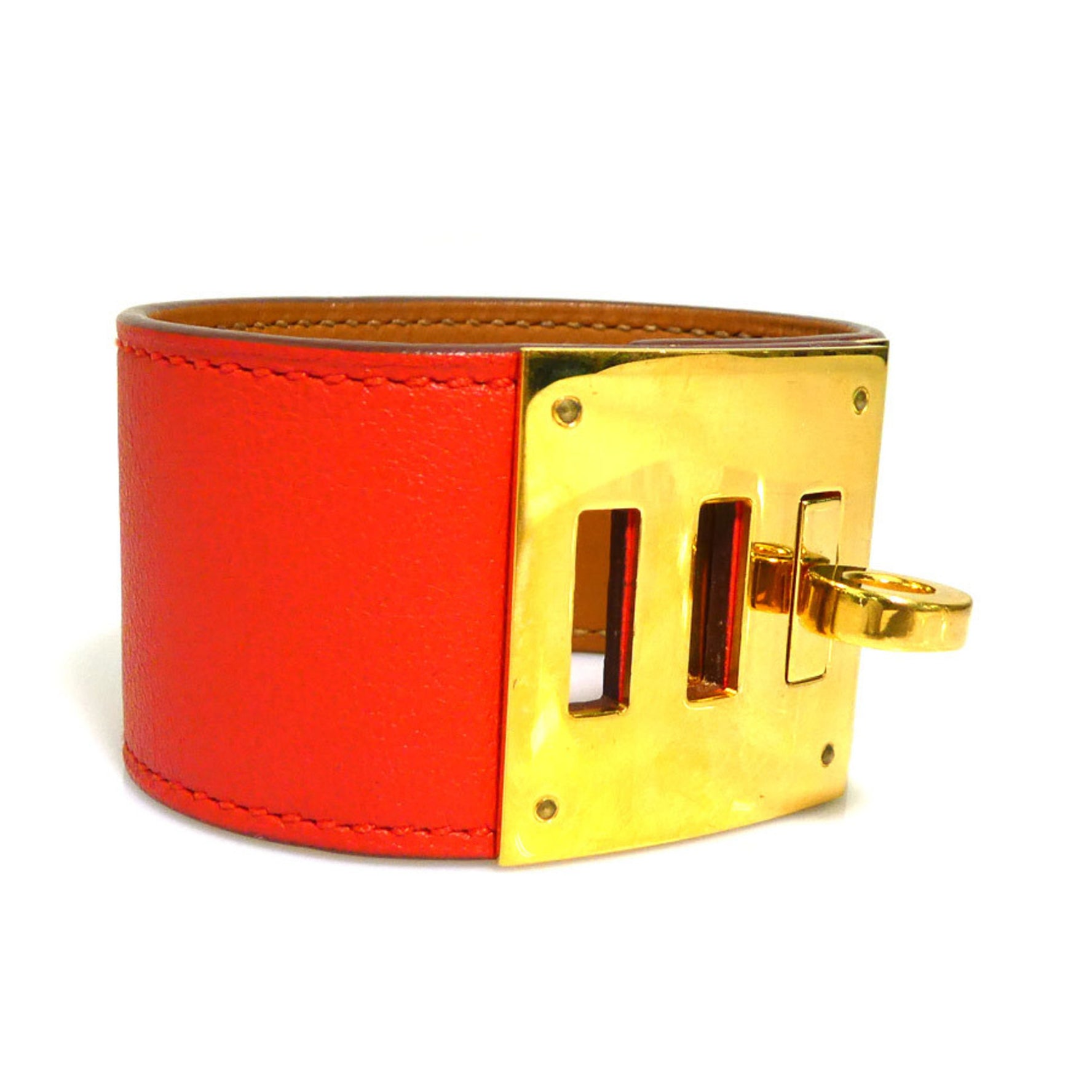 Hermes Kelly Dog Bracelet Leather Metal Orange Red Gold