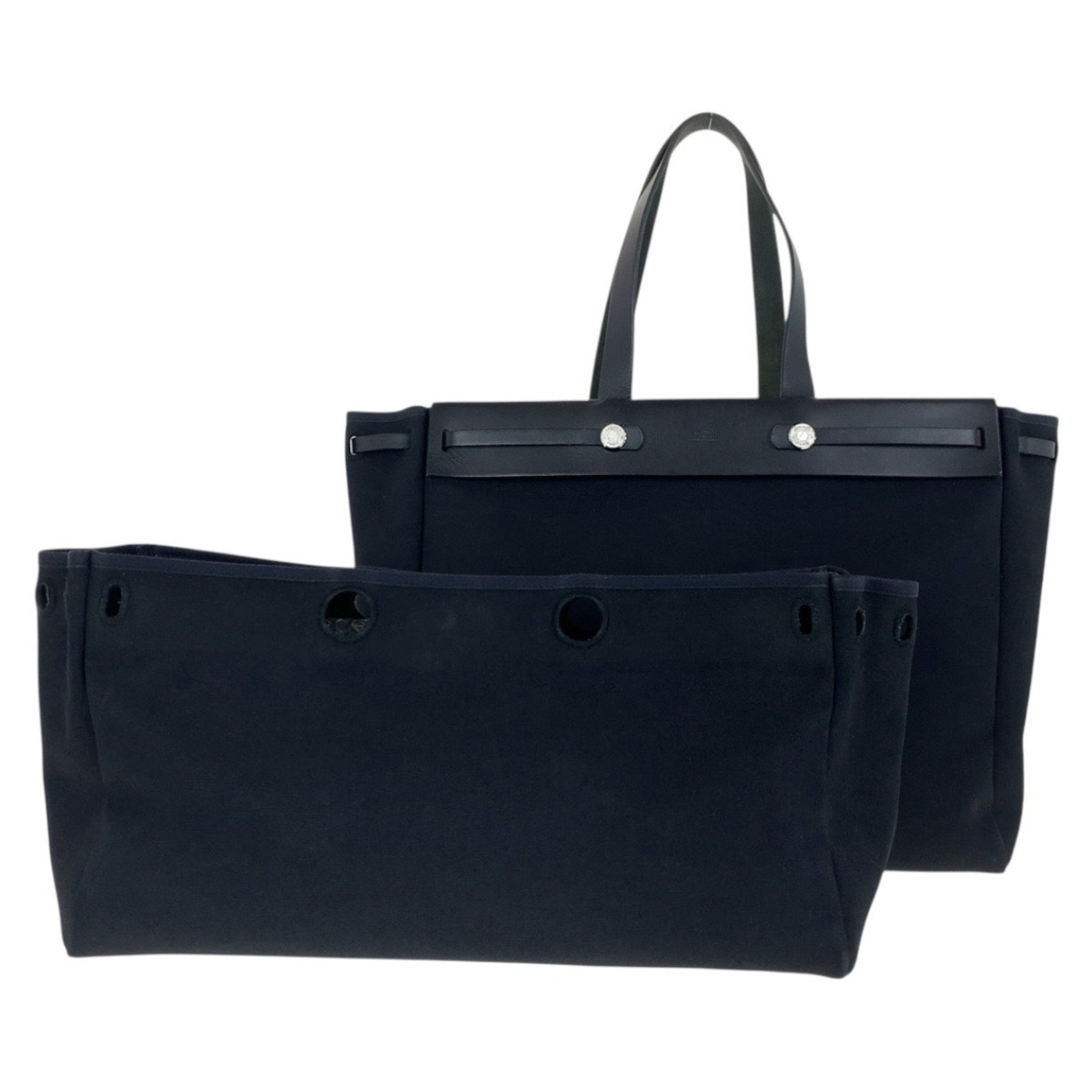 HERMES Hermès Cabas GM Airbag with spare bag, black, silver hardware, canvas and leather tote shoulder F stamped