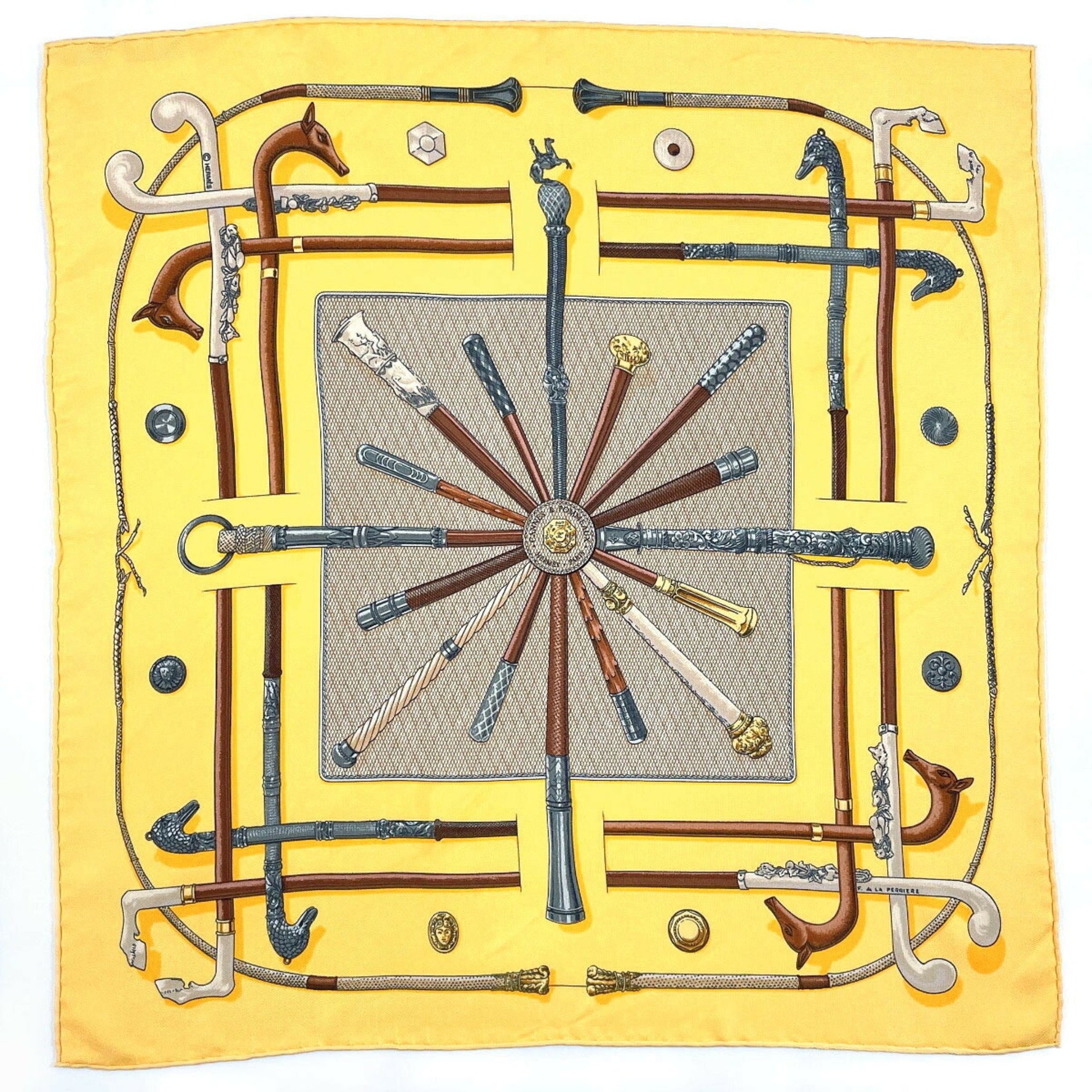 HERMES Hermes Carre 45 CANNES & POMMEAUX Scarf Muffler Silk Yellow Women's