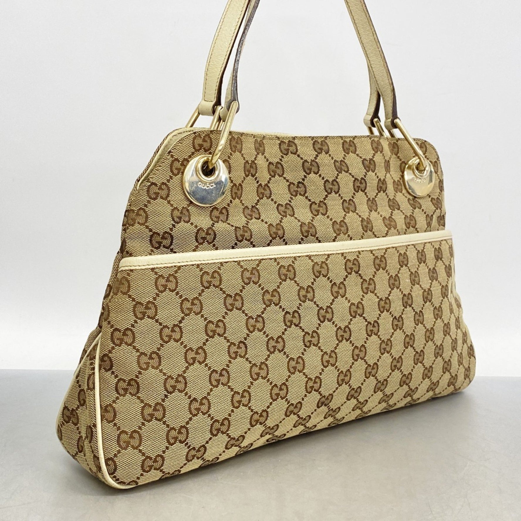 Gucci GG Canvas Tote Bag Brown Ivory Champagne Women's