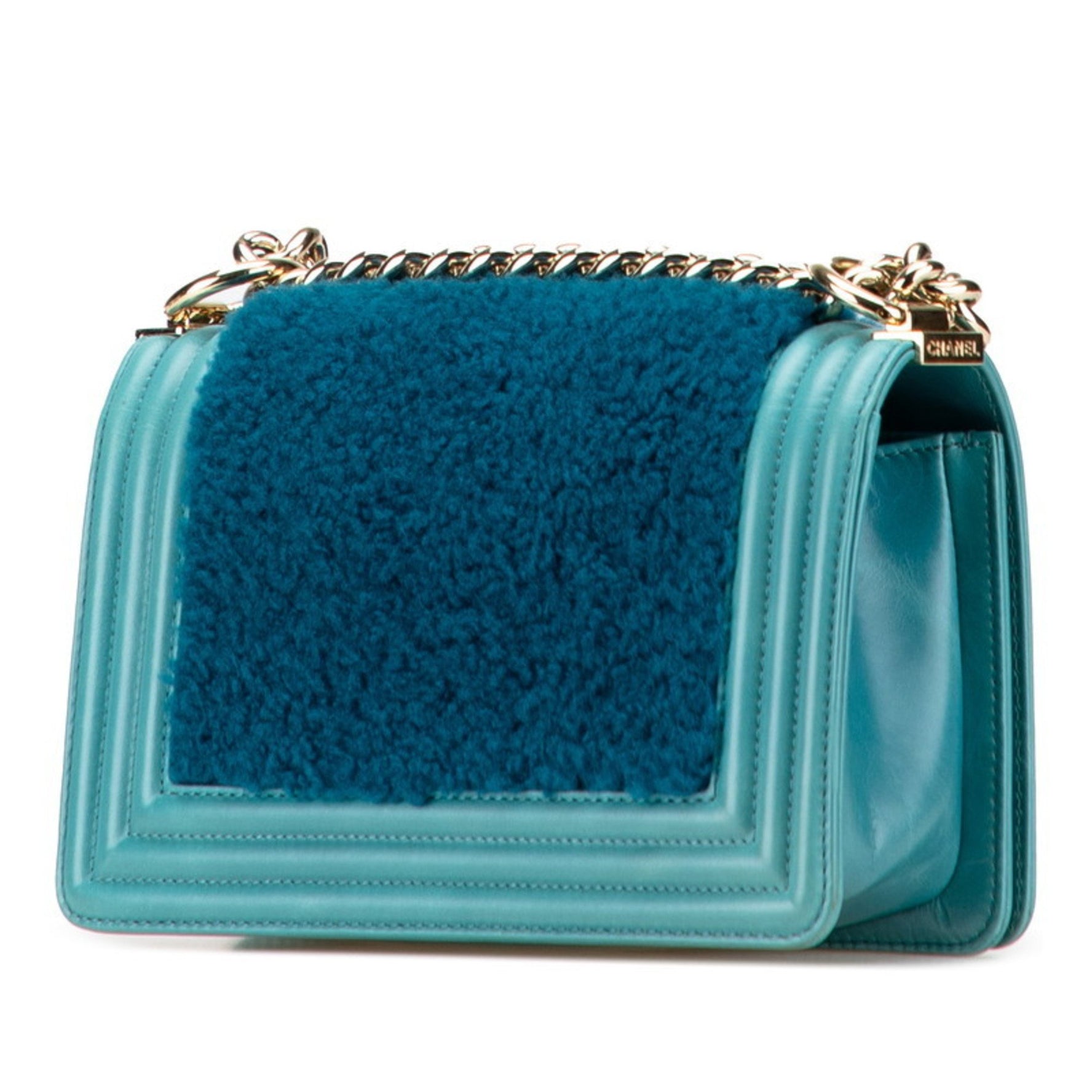 CHANEL Boy Shoulder Bag in Blue and Green Mouton Leather