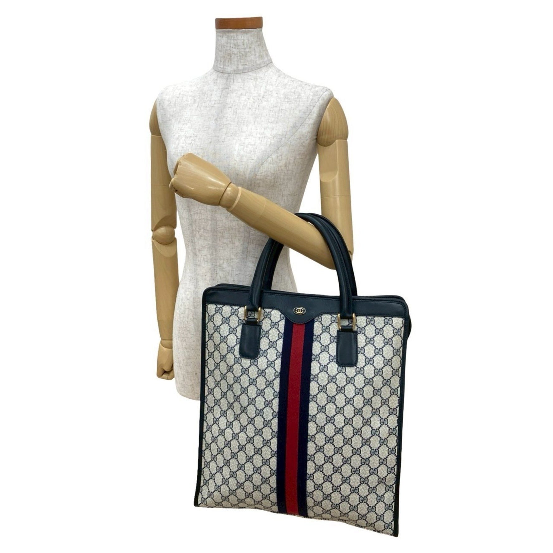 GUCCI Vintage Sherry Line GG Logo Hardware Leather Handbag Tote Bag Navy 222-3