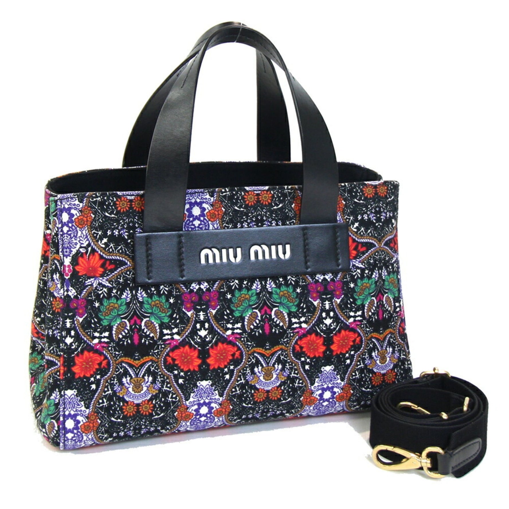 Miu Miu Miu Handbag Canapa Black Multicolor Canvas Leather Shoulder Bag Hand Tote MIU