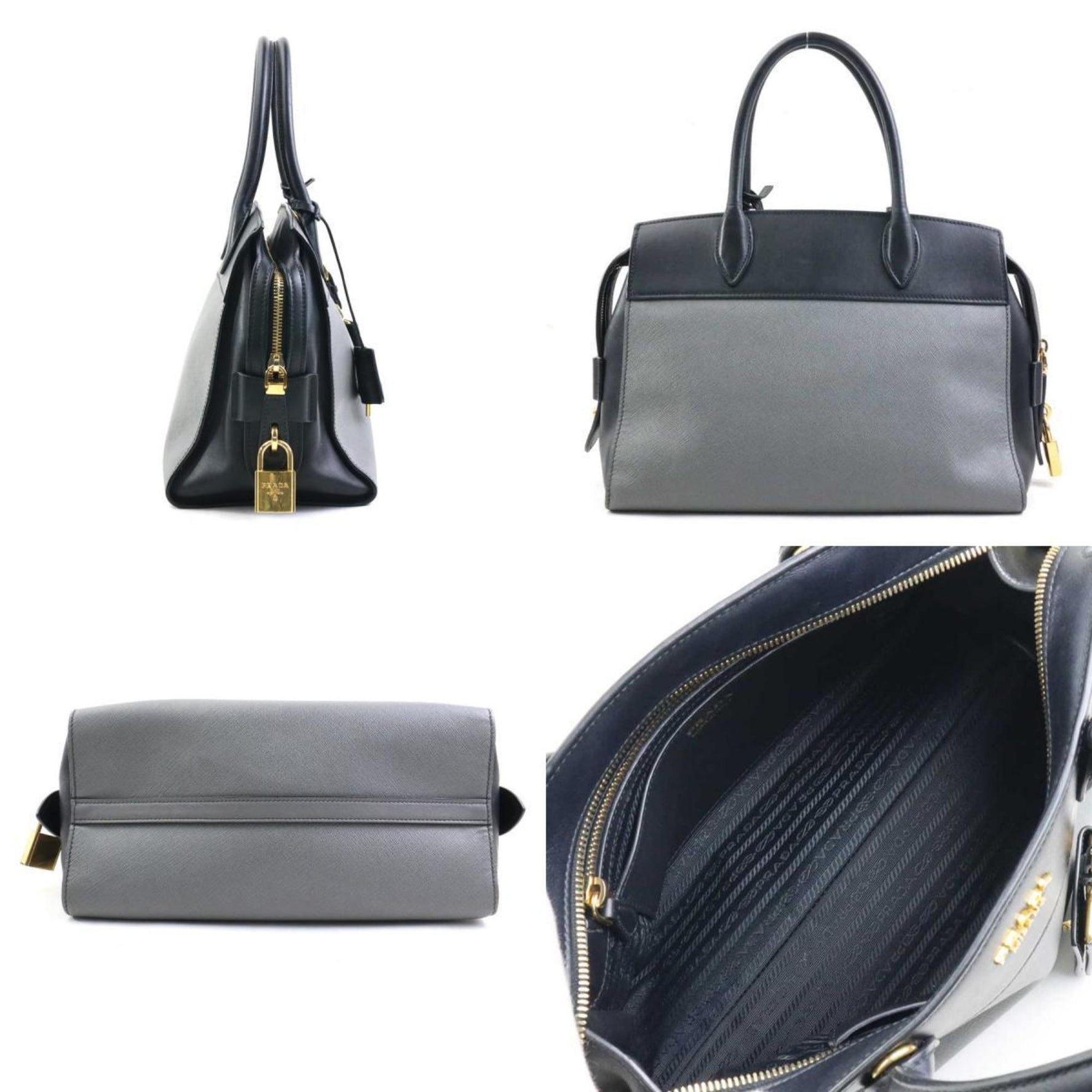 PRADA handbag shoulder bag leather black x grey ladies