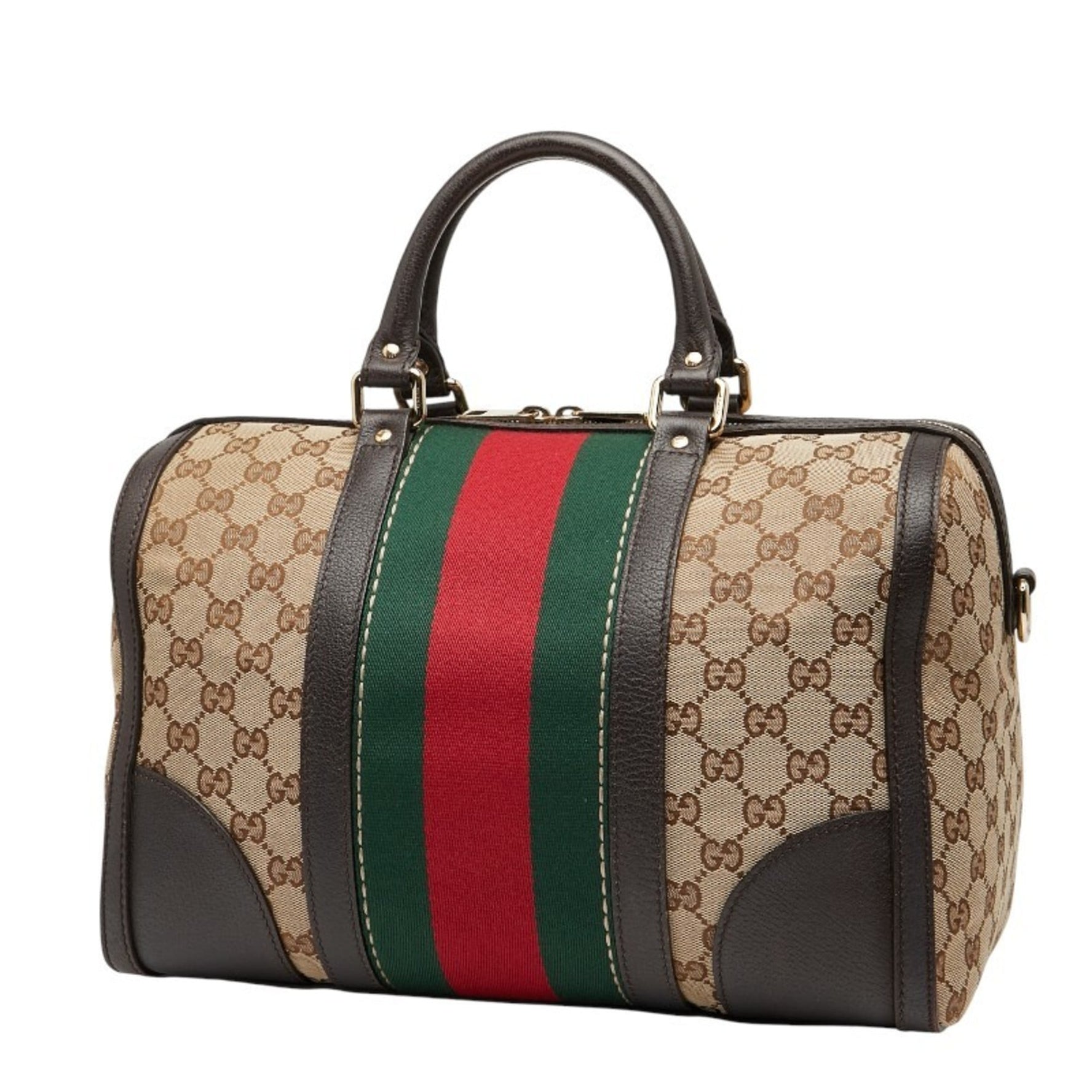 Gucci GG Canvas Webby Handbag, Mini Boston Bag, Shoulder Beige/Brown and Leather