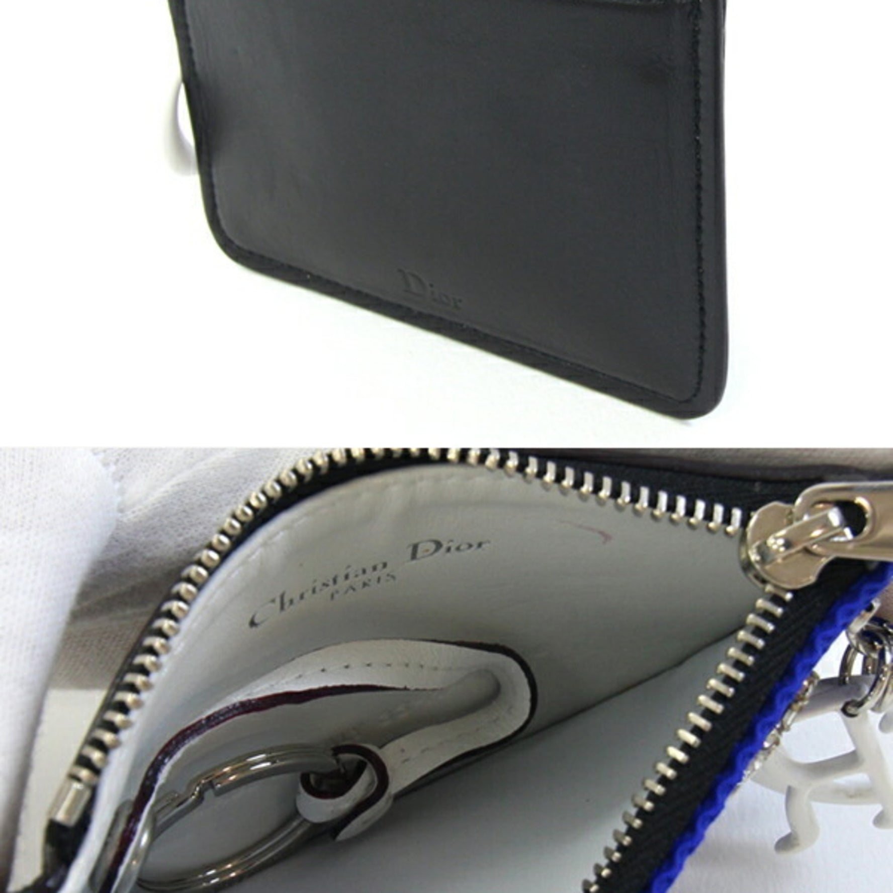 Christian Dior Dior Coin Case Blue White Leather Mini Pouch Purse Beads DIOR