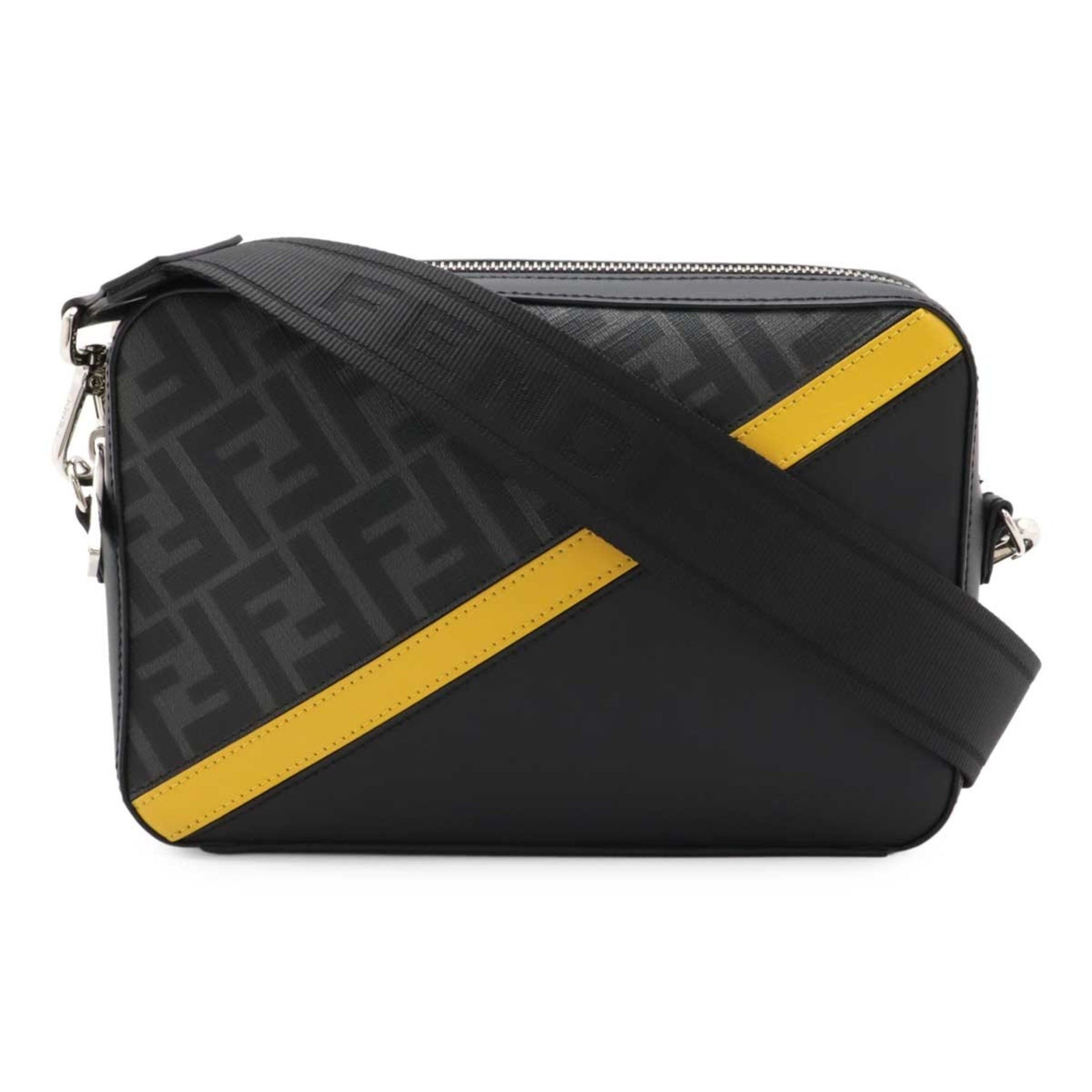 FENDI Diagonal Zucca Pattern Camera Case Shoulder Bag Clutch Coated Canvas Leather Grey Black