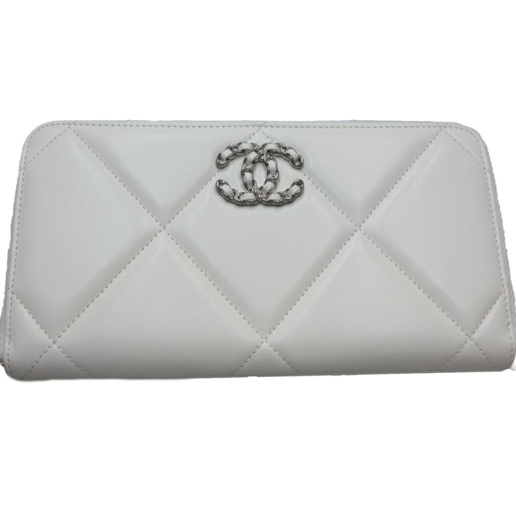CHANEL 19 Round Zipper Matelasse CC Mark AP1063 Long Wallet Leather White