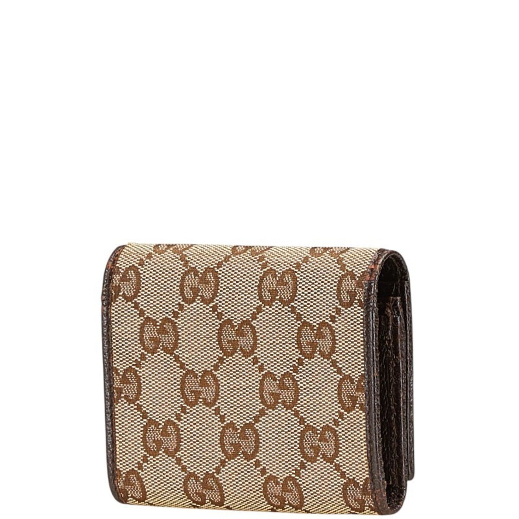 Gucci GG Canvas Logo Plate Card Case Beige Dark Brown Leather Women's GUCCI