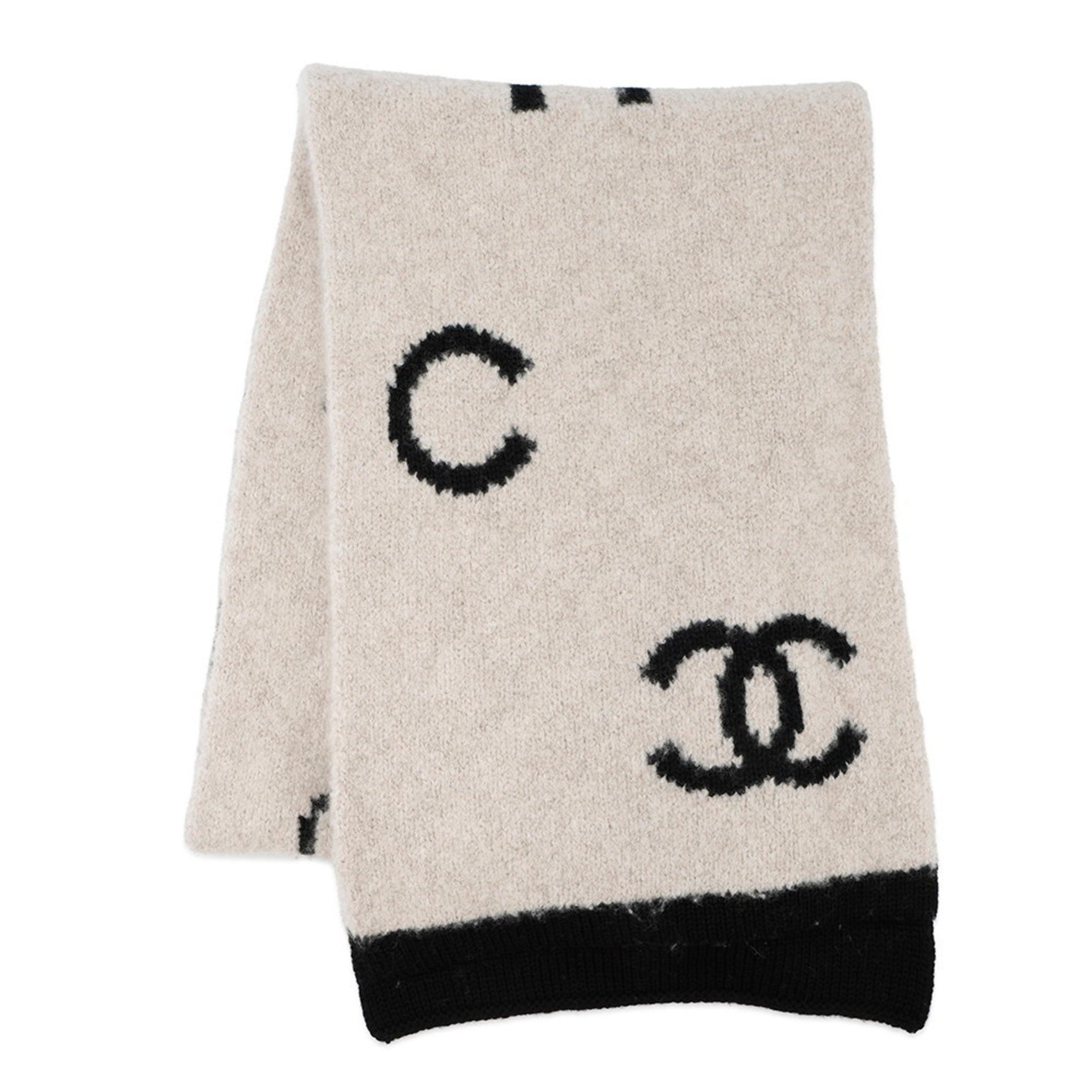 CHANEL scarf/stole with Coco Mark, camellia pattern, wool, cashmere, reversible, black
