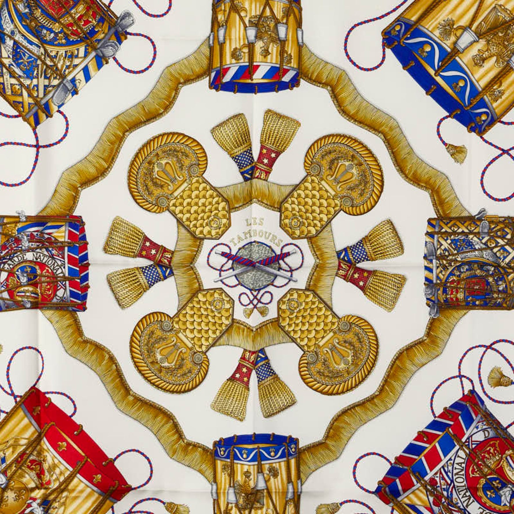 Hermes Hermès Carré 90 "Les Tambours" Tambour Drums Scarf, Blue Multicolor Silk