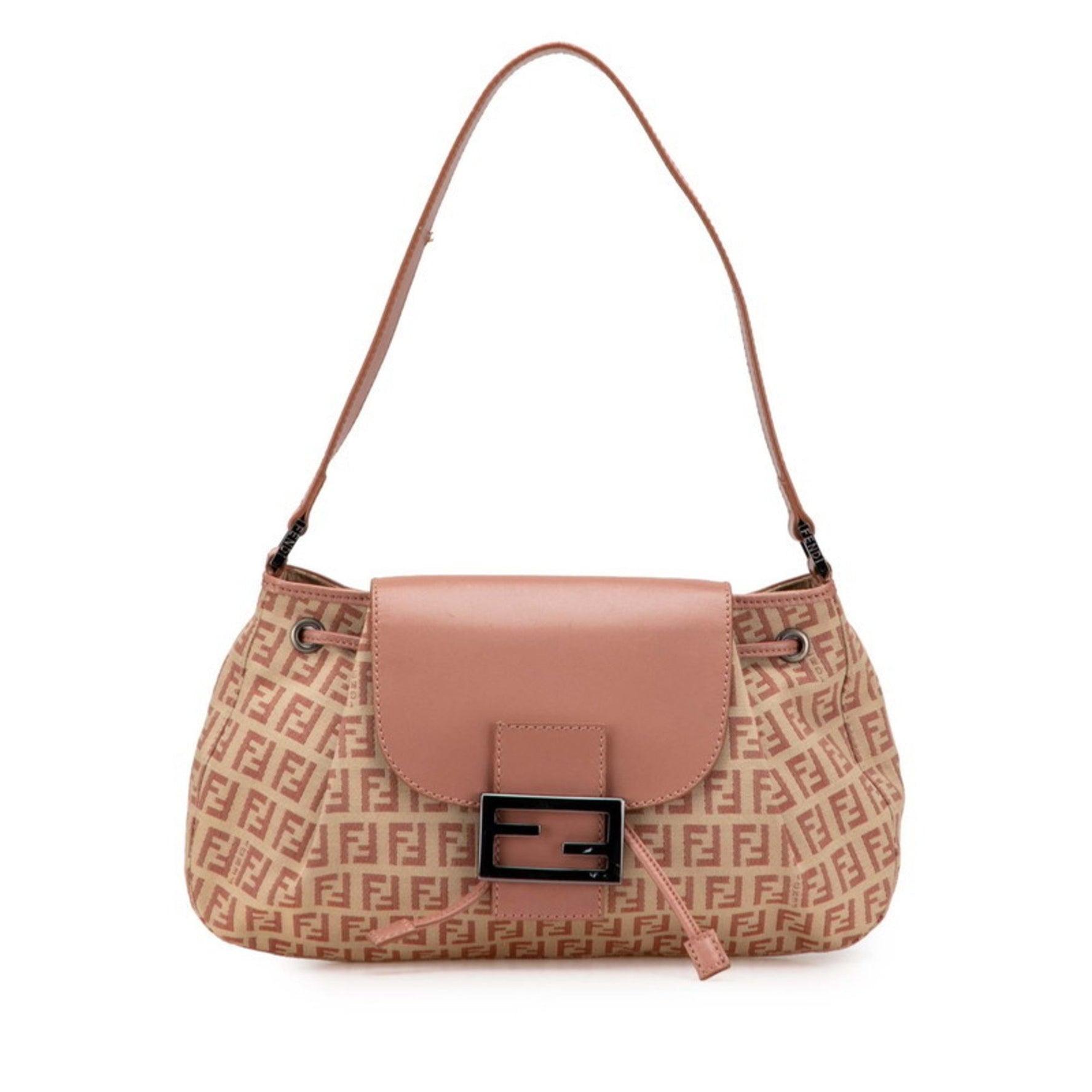 Fendi Zucchino One-Shoulder Bag Handbag Beige Pink Canvas Leather