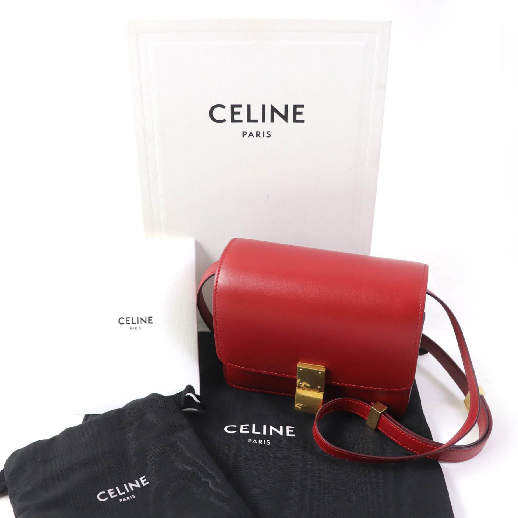 CELINE CLASSIC BOX Small Classic Box Leather Shoulder Bag in Red with Gold Hardware and Dust Bag, Made Italy