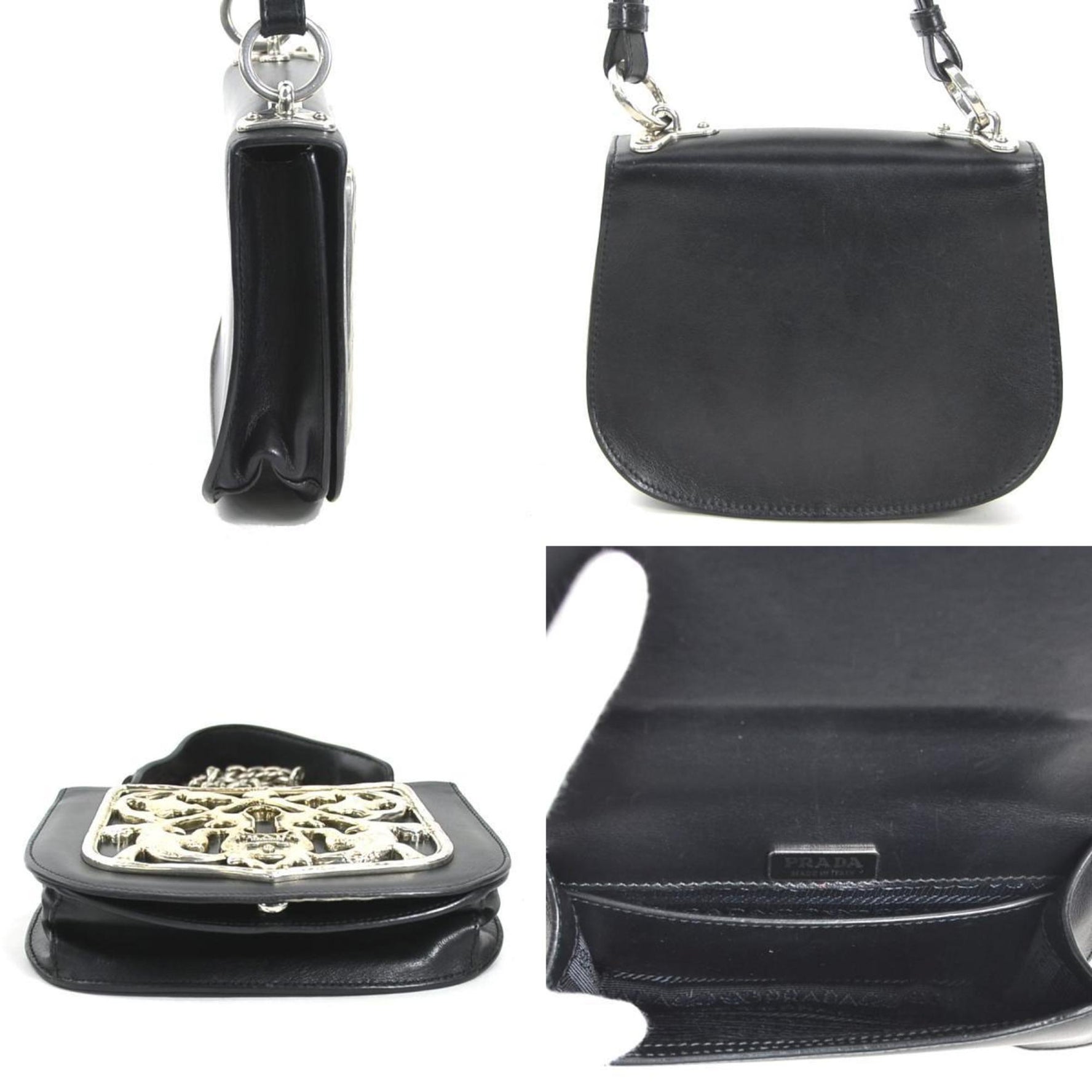PRADA Shoulder Bag Leather Metal Black Silver Women's 1BH071 90049a