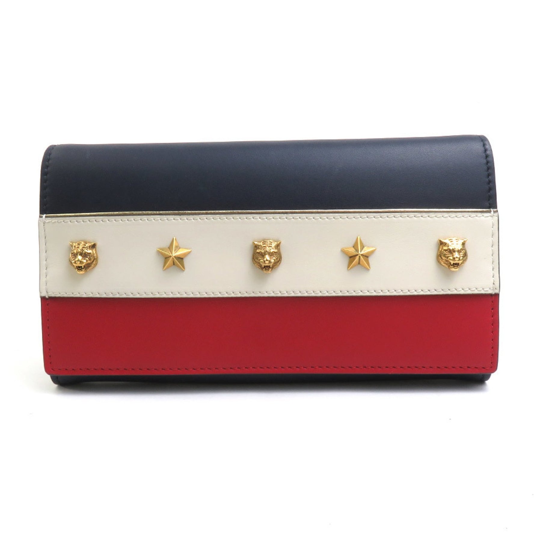GUCCI Bi-fold long wallet Leather Navy/Off-white/Red Gold Unisex