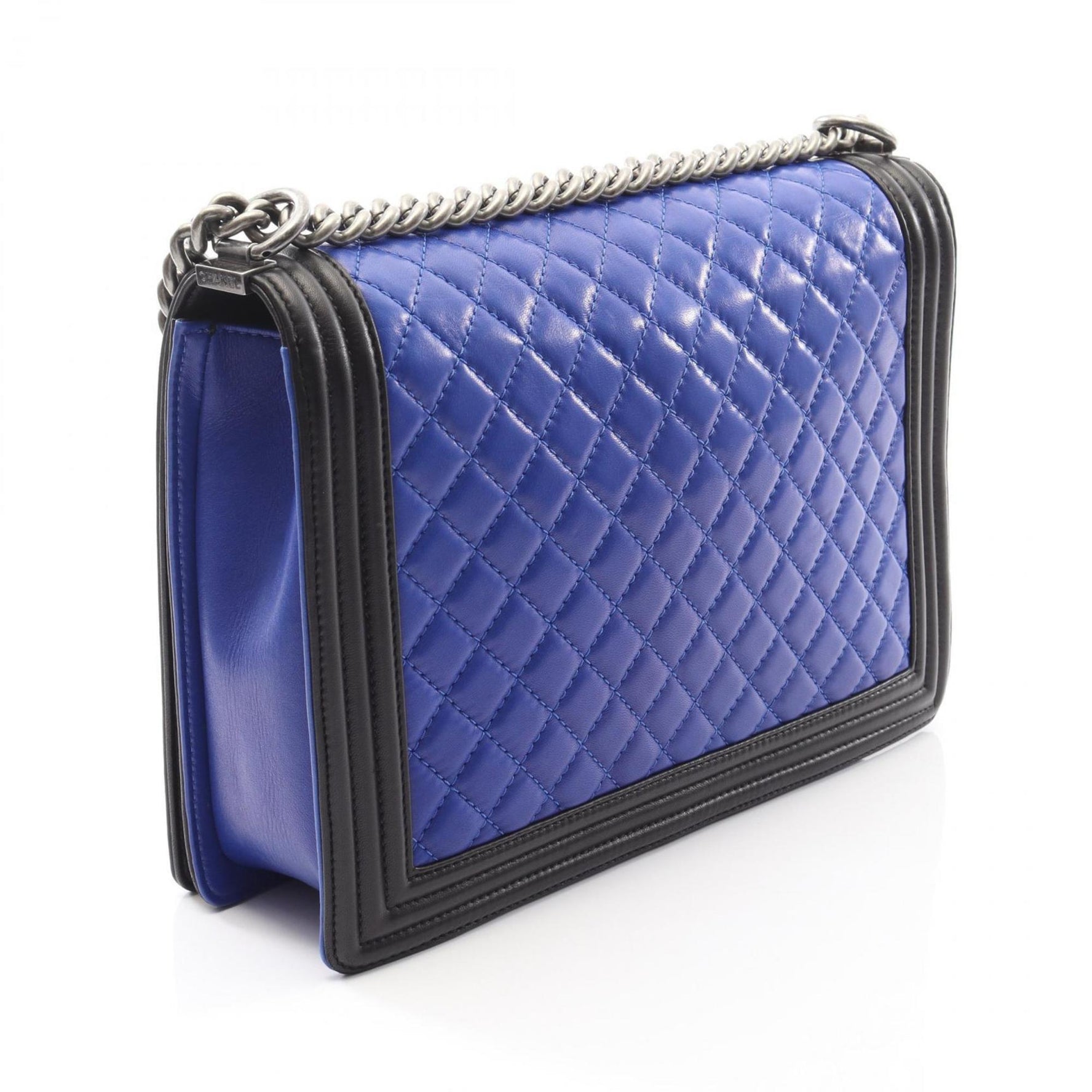 CHANEL Boy Large Matelasse Shoulder Bag in Lambskin Leather, Blue/Black