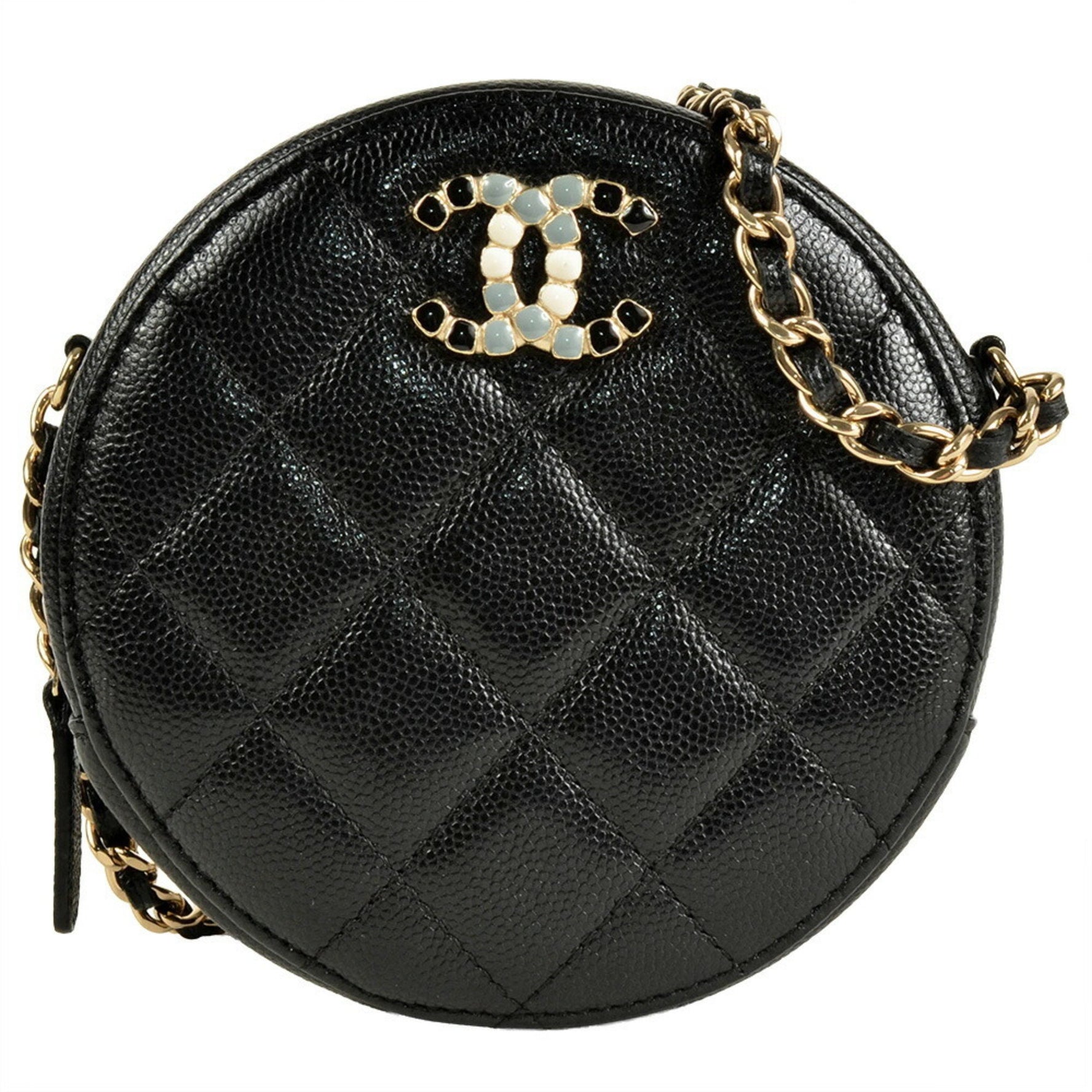 CHANEL Round Chain Shoulder Bag Caviar Skin Jeweled Coco Mark