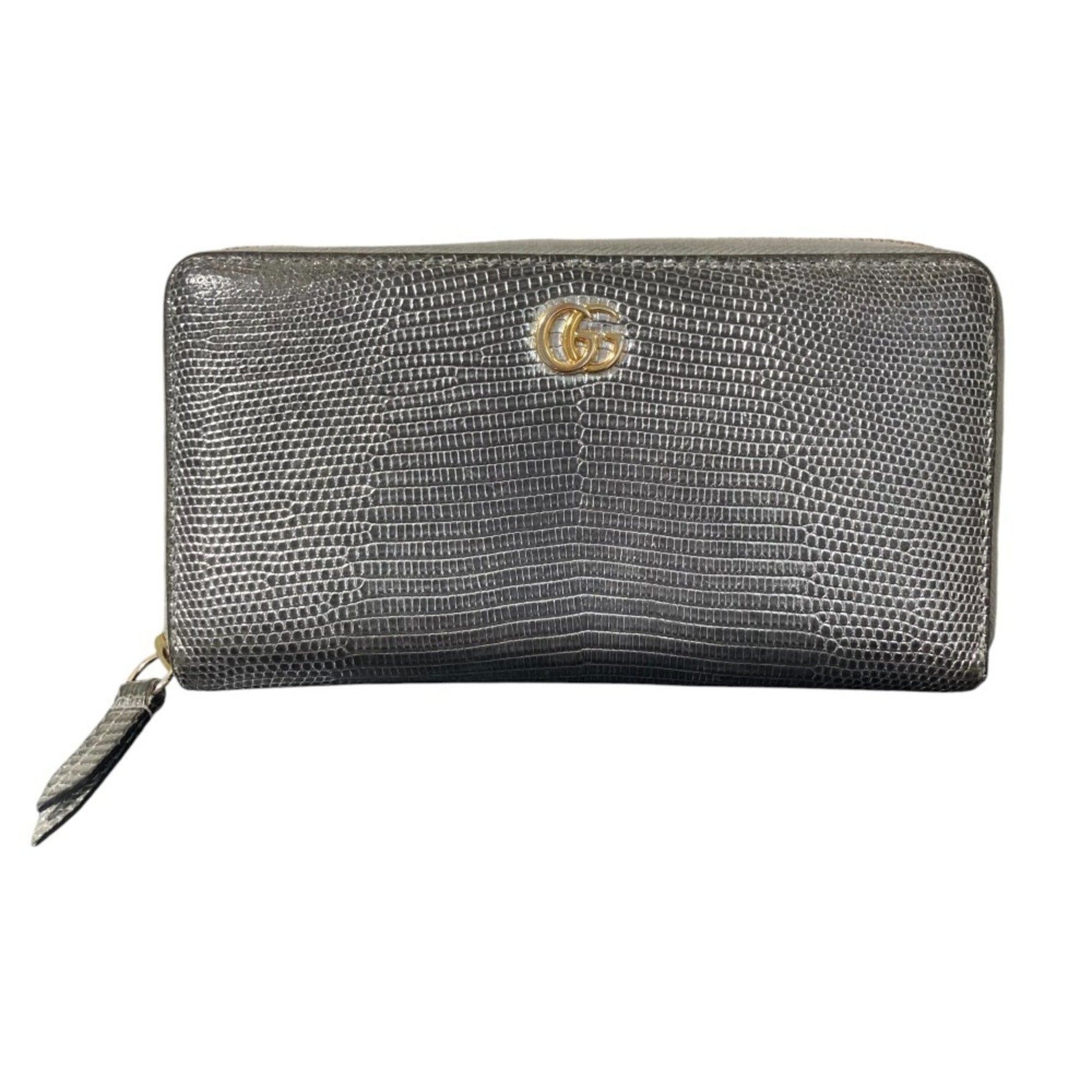 GUCCI Embossed Leather GG Marmont Long Wallet Silver