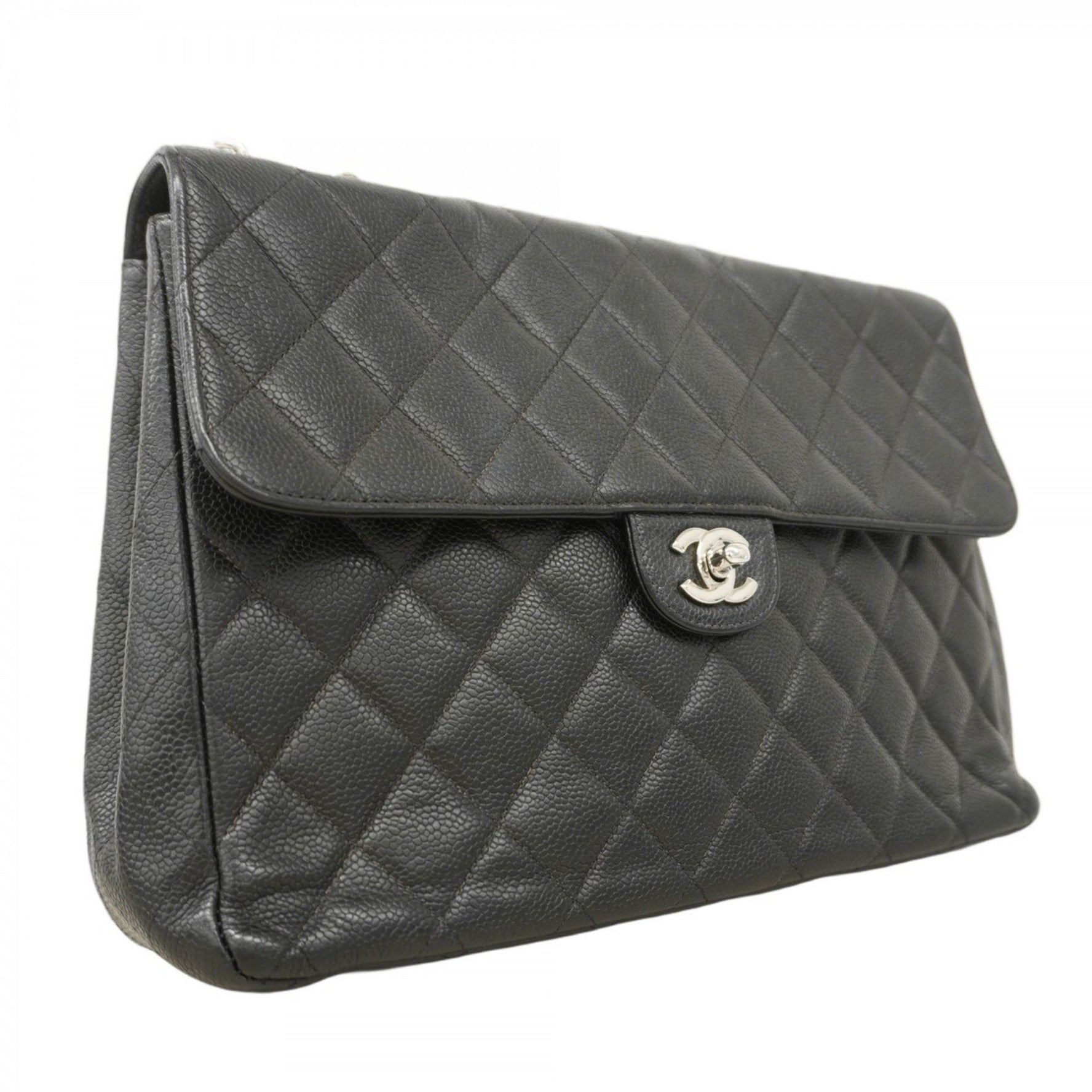 Chanel Shoulder Bag, Large Matelasse, Double Chain, Caviar Skin, Black, Women's