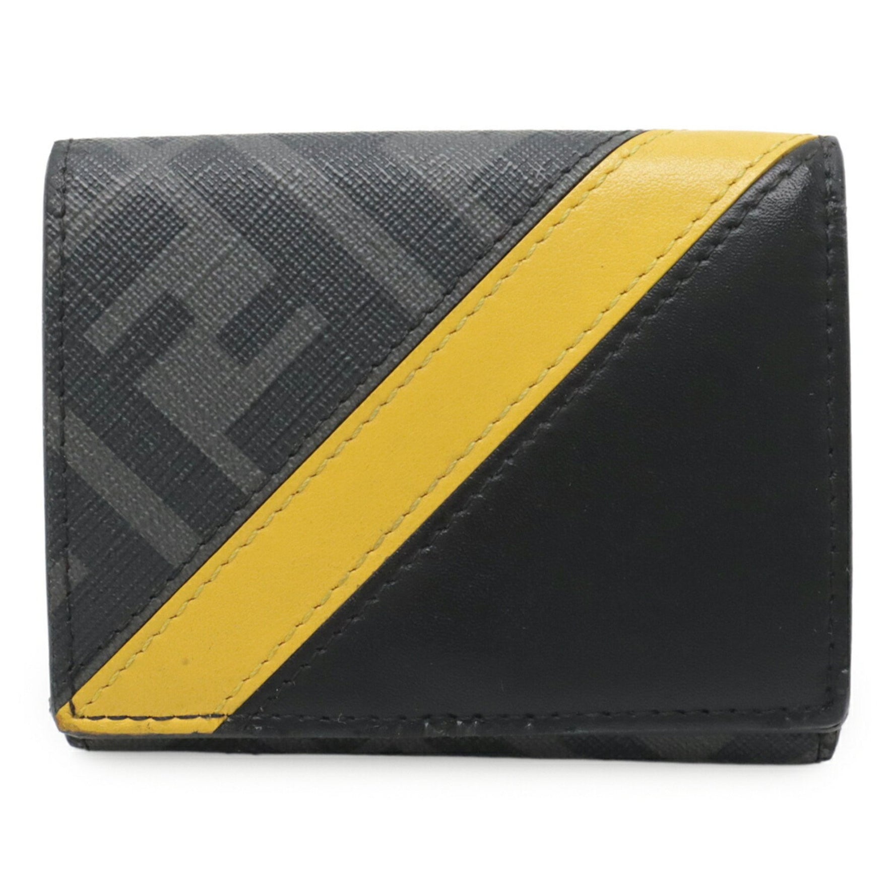 FENDI Diagonal Zucca Pattern Compact Wallet Tri-fold Long PVC Leather Black Yellow Gray
