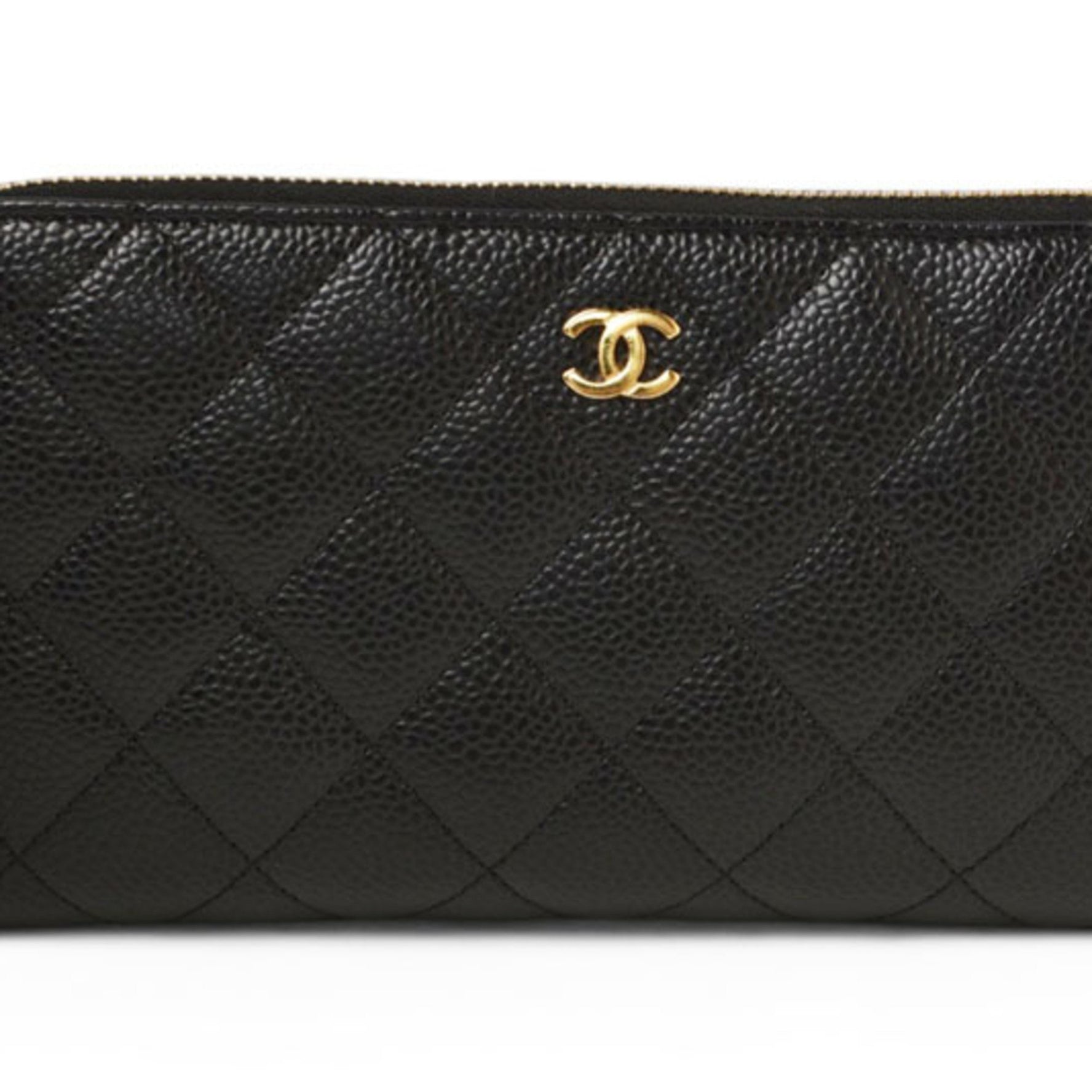 CHANEL Long Wallet/Matelasse Caviar Skin Black/Gold