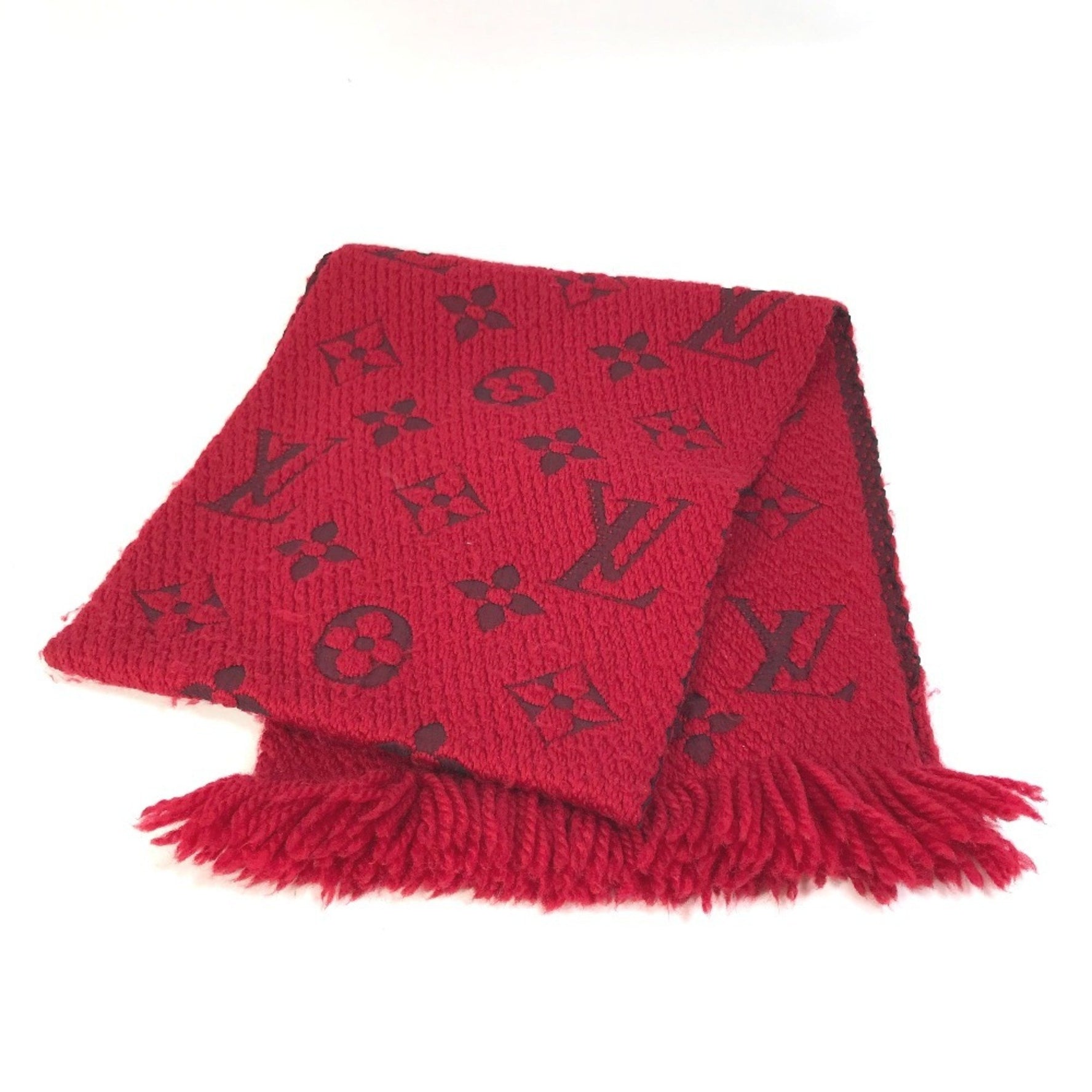 LOUIS VUITTON M72432 Echarpe Logo Mania Fringe Scarf, Wool/Silk, Women's, Red