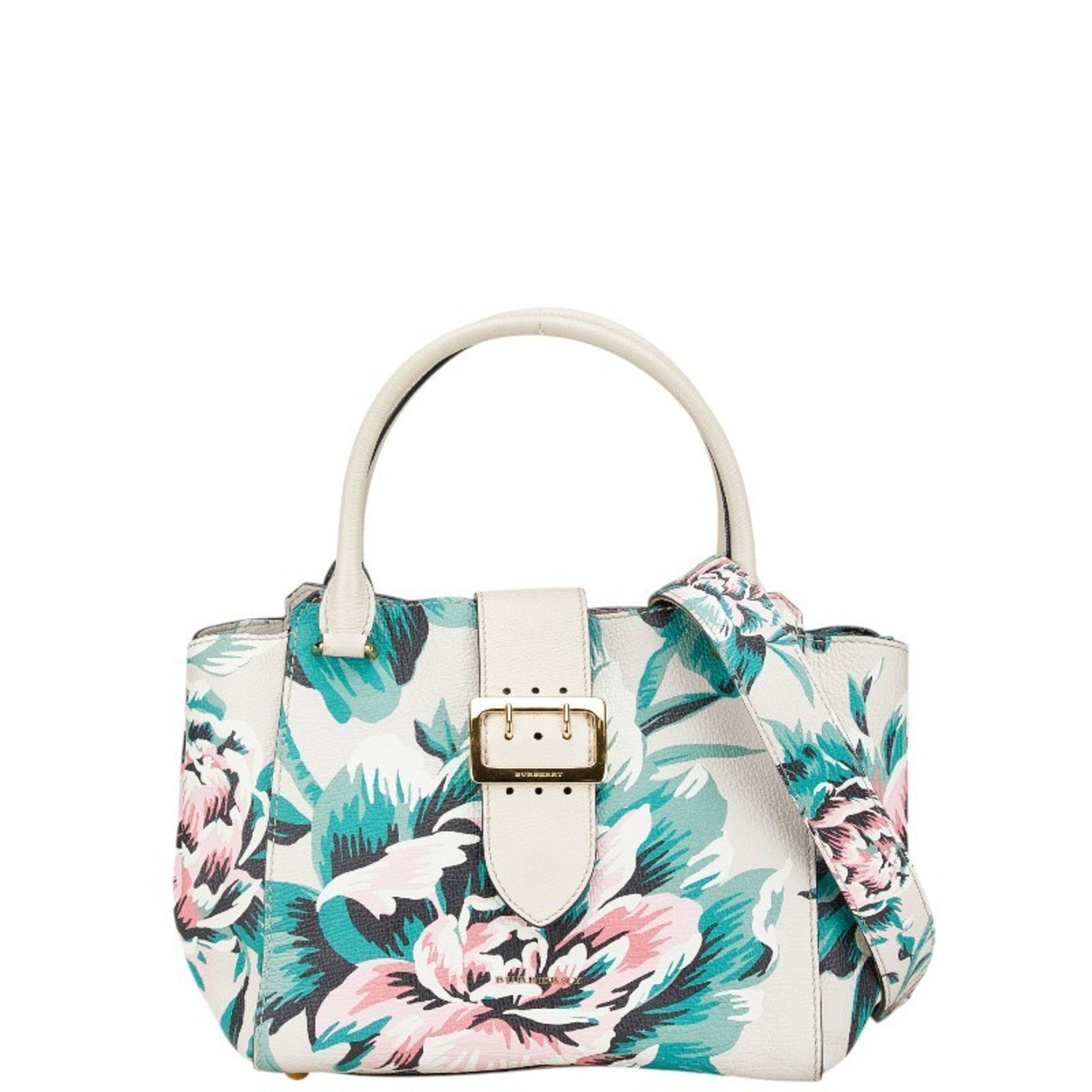 Burberry Check Buckle Tote with Floral Motif, Handbag, One-Shoulder Bag, Beige, Green, Multicolor Leather