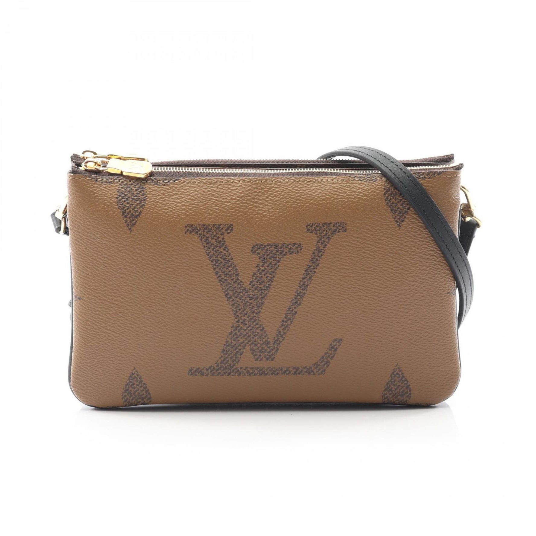 Louis Vuitton Double Zip Pochette Shoulder Bag in Coated Canvas and Leather with Monogram Giant Reverse Pattern, Brown Beige