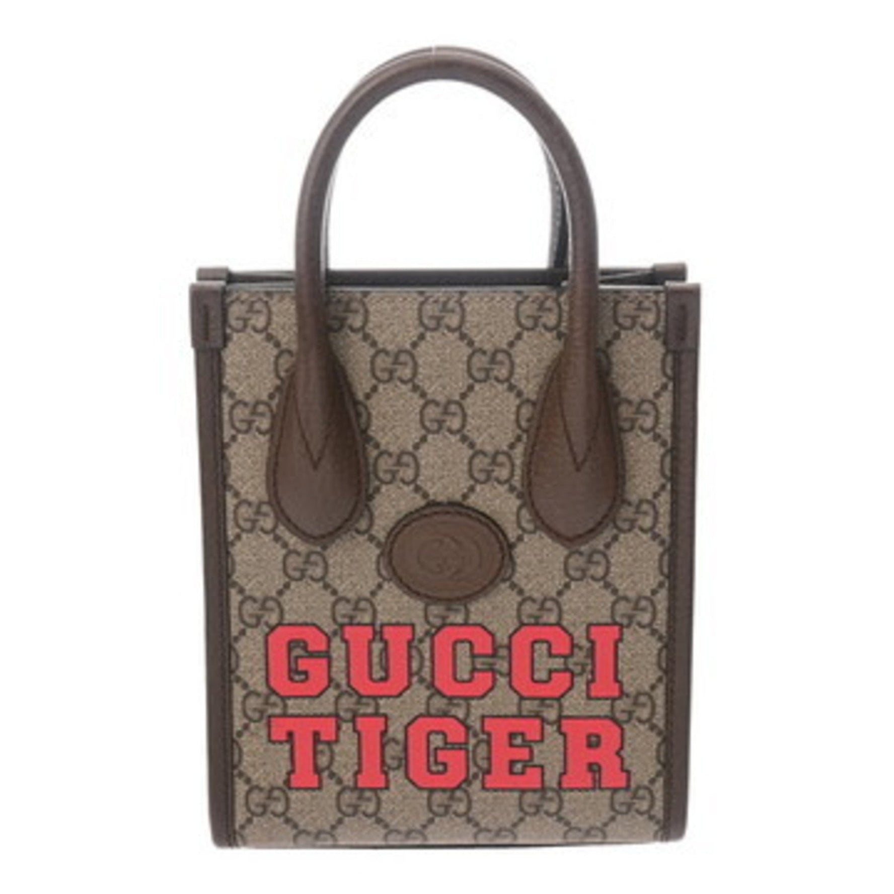 GUCCI Interlocking G Mini Tote TIGER Beige/Brown GG Supreme Canvas Leather Bag