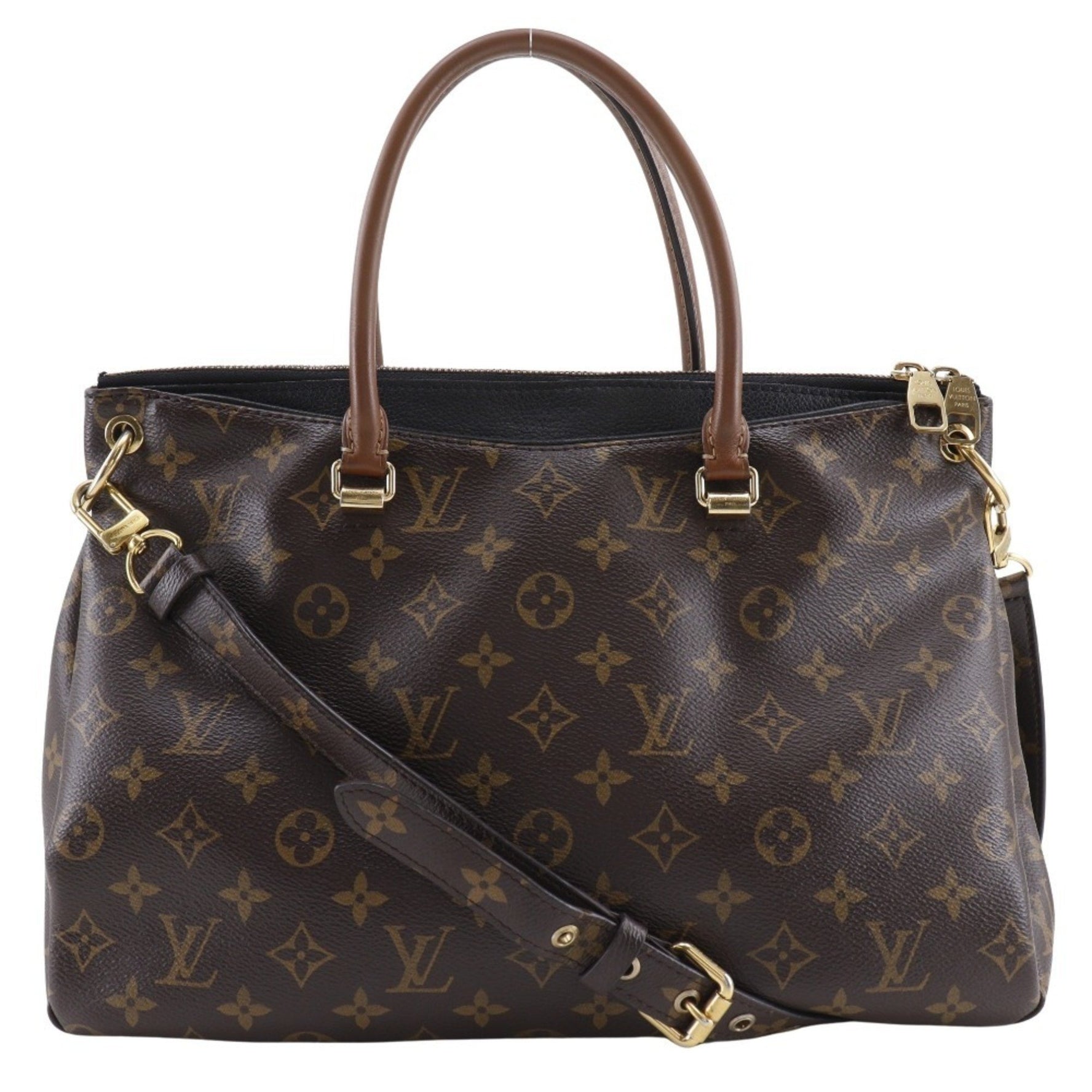 Louis Vuitton Pallas Handbag Shoulder Bag Monogram Canvas Noir Made in USA 2015 Brown Double