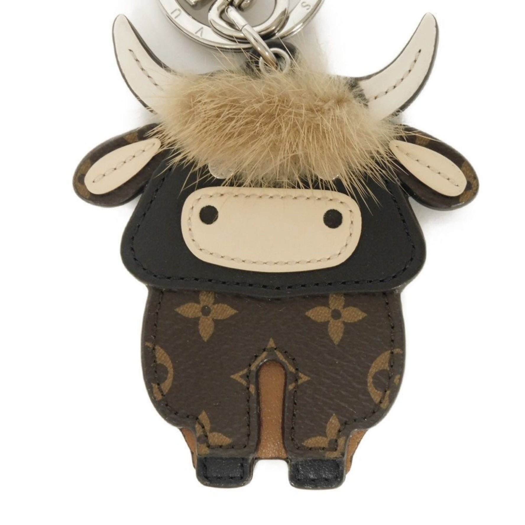 Louis Vuitton Porte-Clés Keychain, LV Ox, Zodiac Sign, Cow Fur, Flower, Brown, Monogram, Maroon, Men's