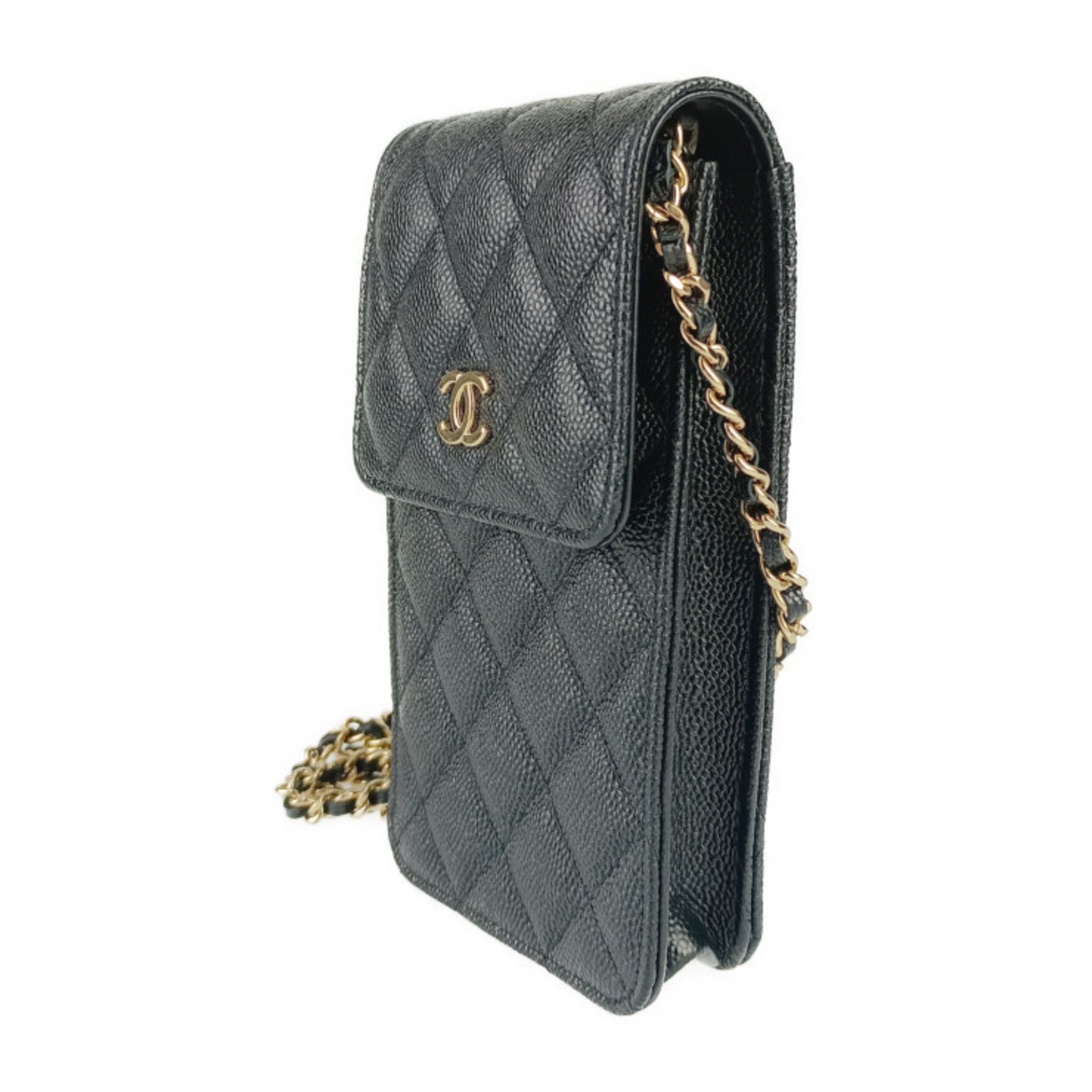 CHANEL Shoulder Bag Matelasse Phone Holder Caviar Skin Ribbon Chain Pochette Quilted