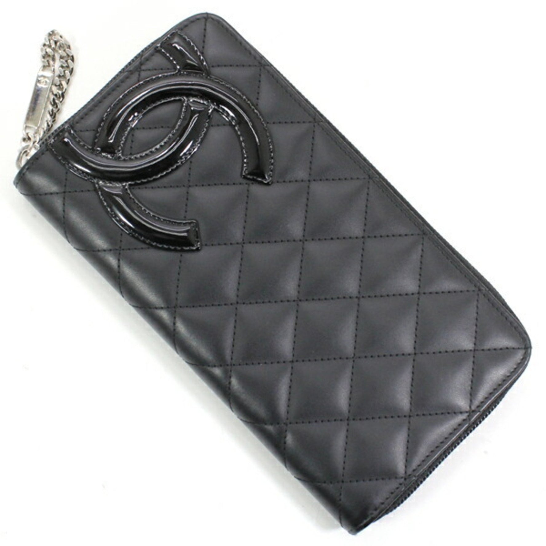 Chanel Long Wallet Cambon Line Calf Leather Enamel Black Pink Round Matelasse CHANEL Women's Coco Mark Quilted Coin Purse Zip