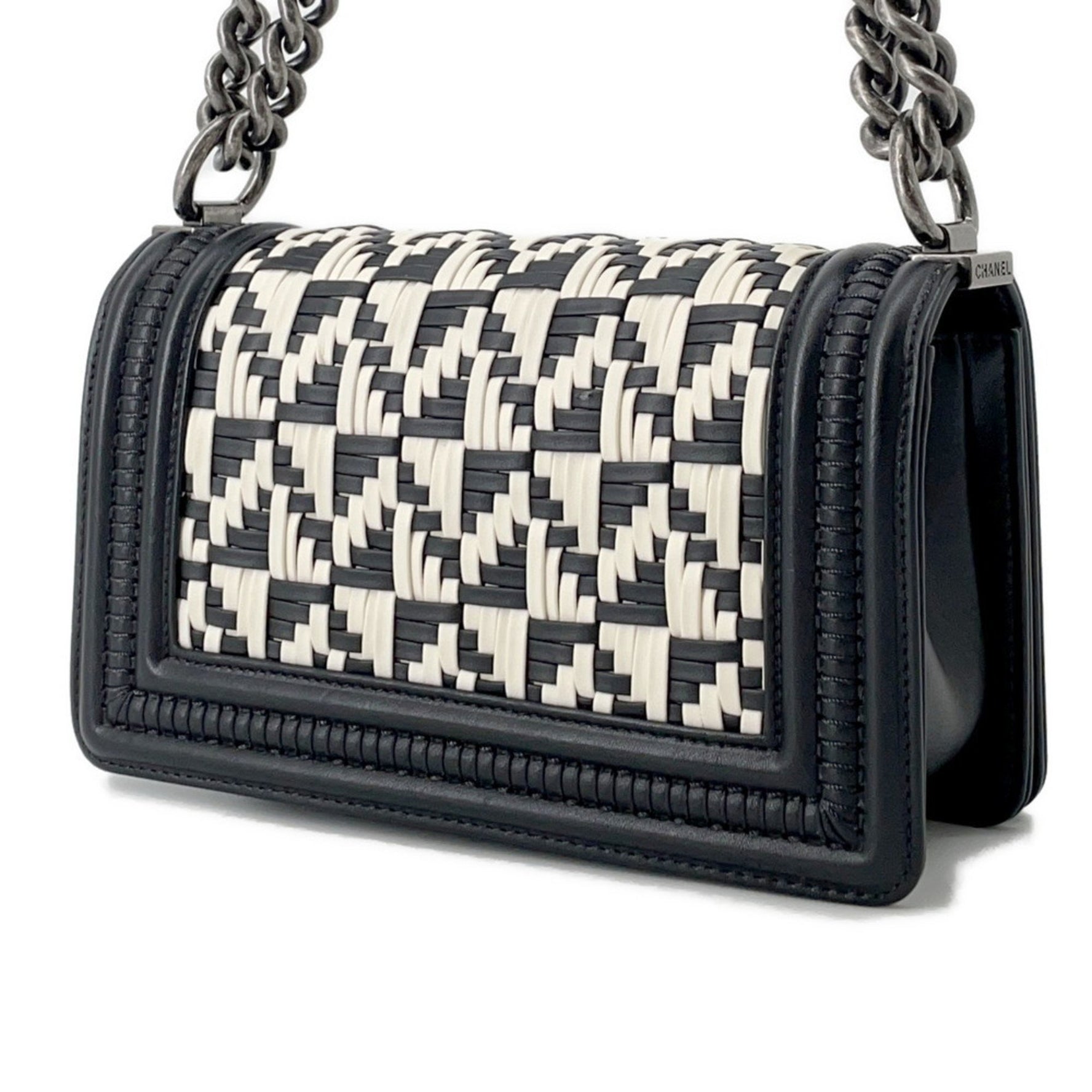 Chanel Boy Small Chain Shoulder Bag with Coco Mark, Black and White