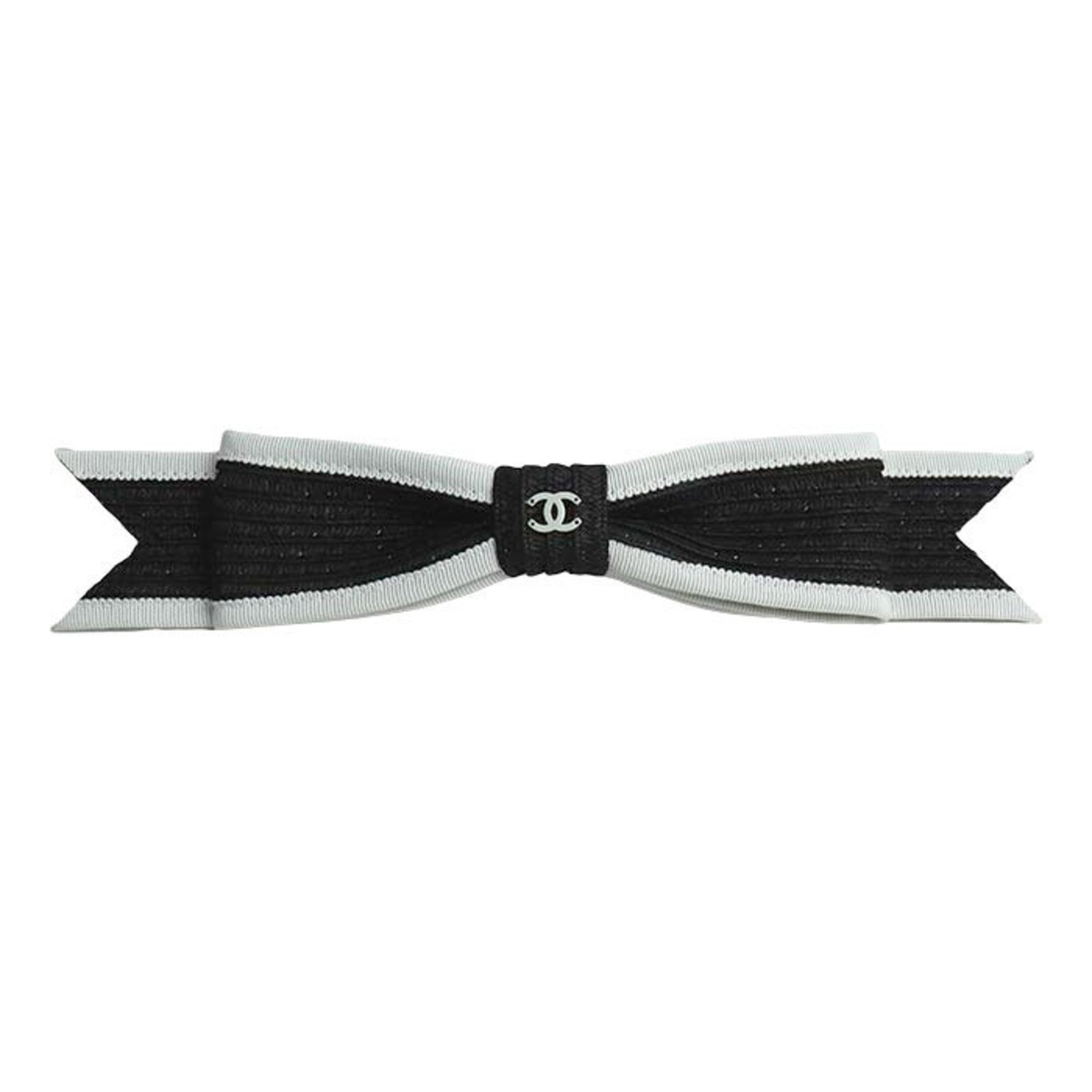 CHANEL Metal Fabric Straw Coco Mark Ribbon Hair Barrette