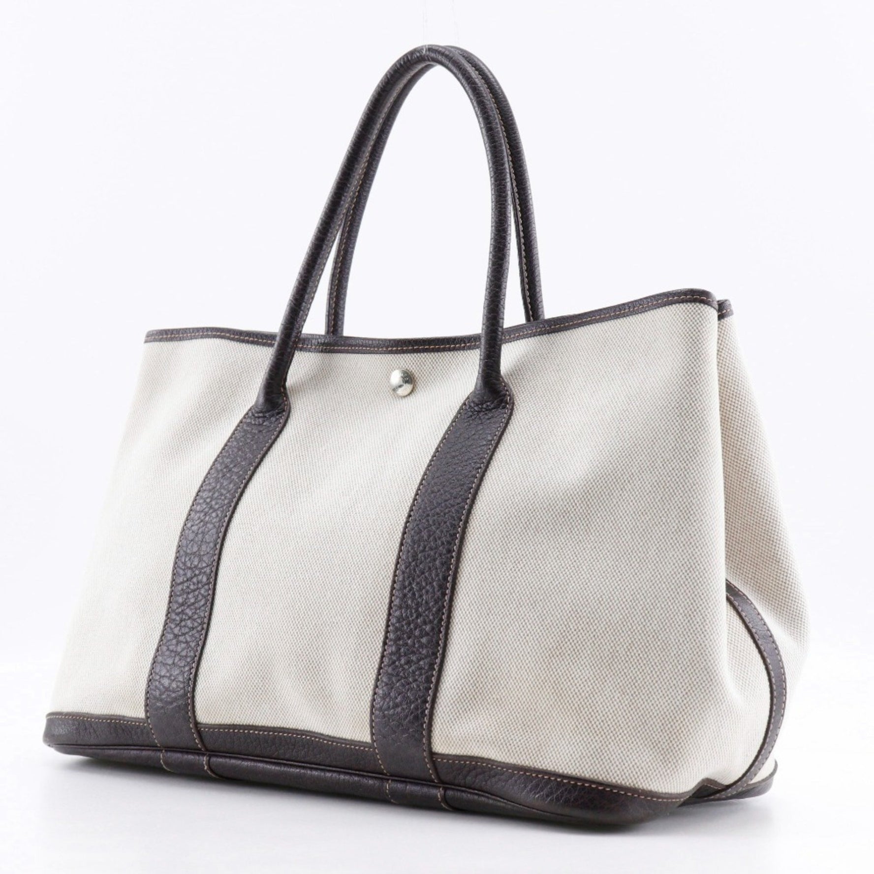 Hermes HERMES Garden PM Tote Bag Toile H x Buffle Marron 2004 Beige/Brown □H Snap Button Party Women's