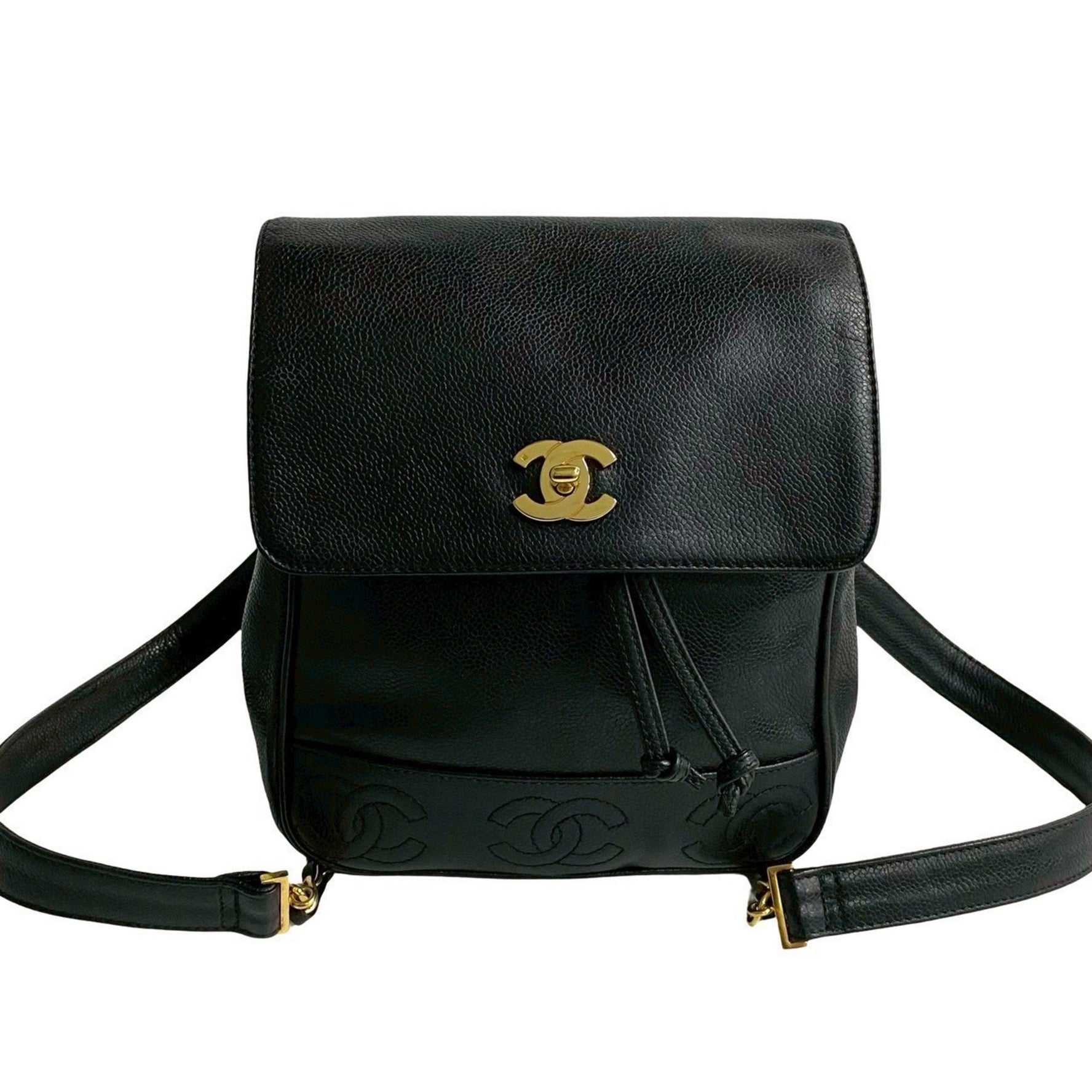 CHANEL Triple Coco Caviar Leather Turnlock Chain Drawstring Backpack in